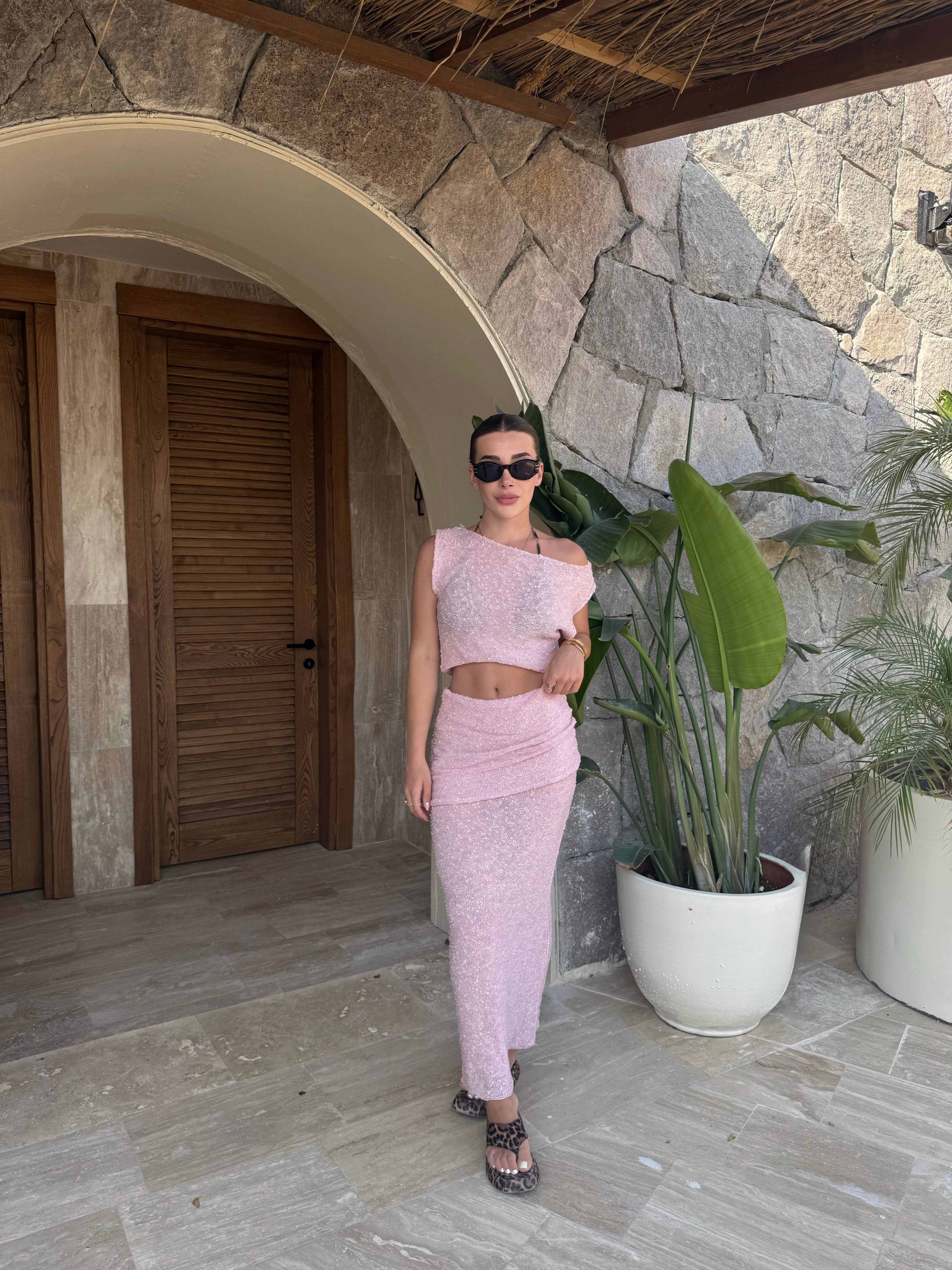 Pembe Kendinden Dokulu Drape Detaylı İkili Takım