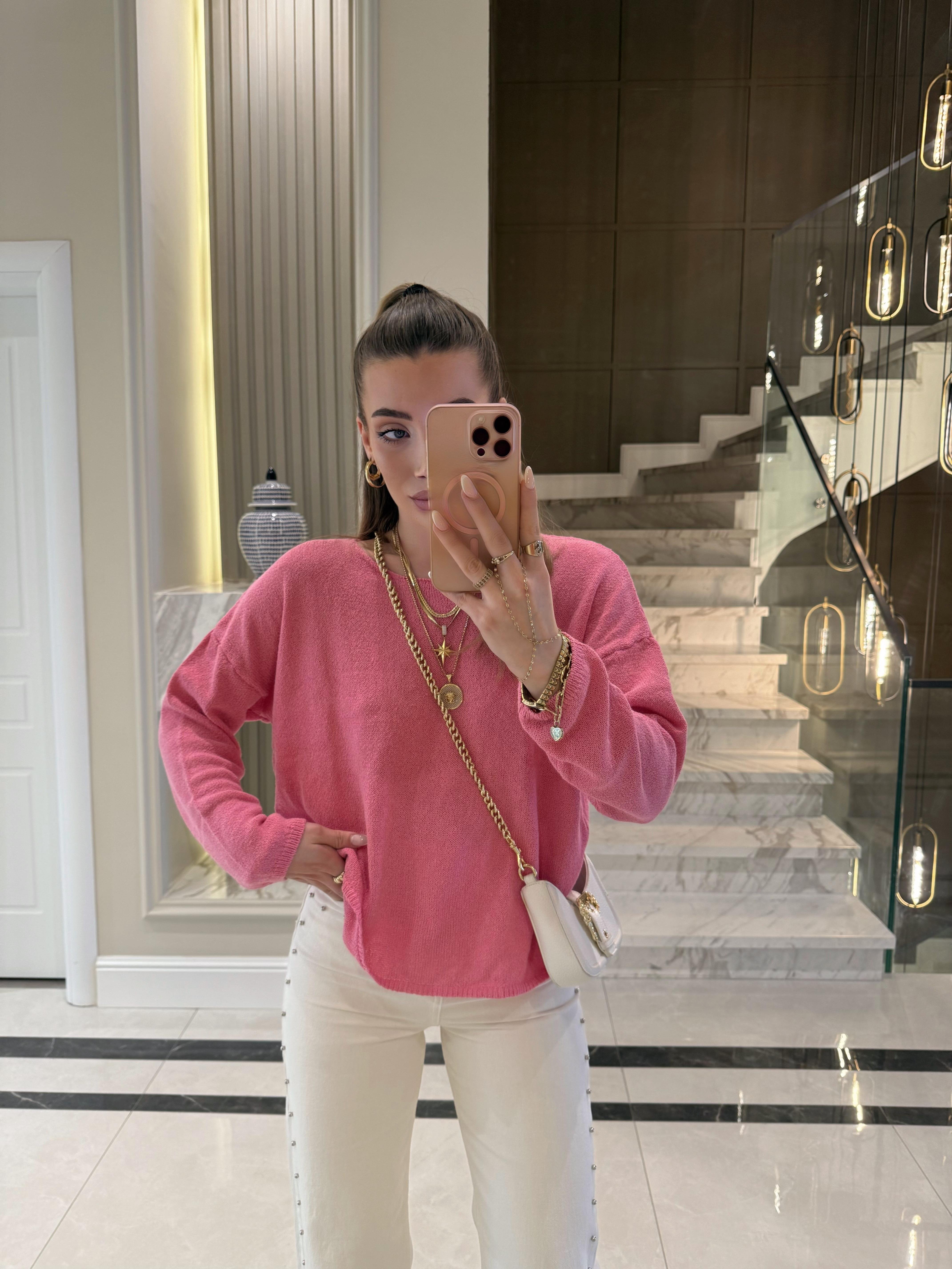 Pembe Kendinden Yakalı Düz Triko -251007