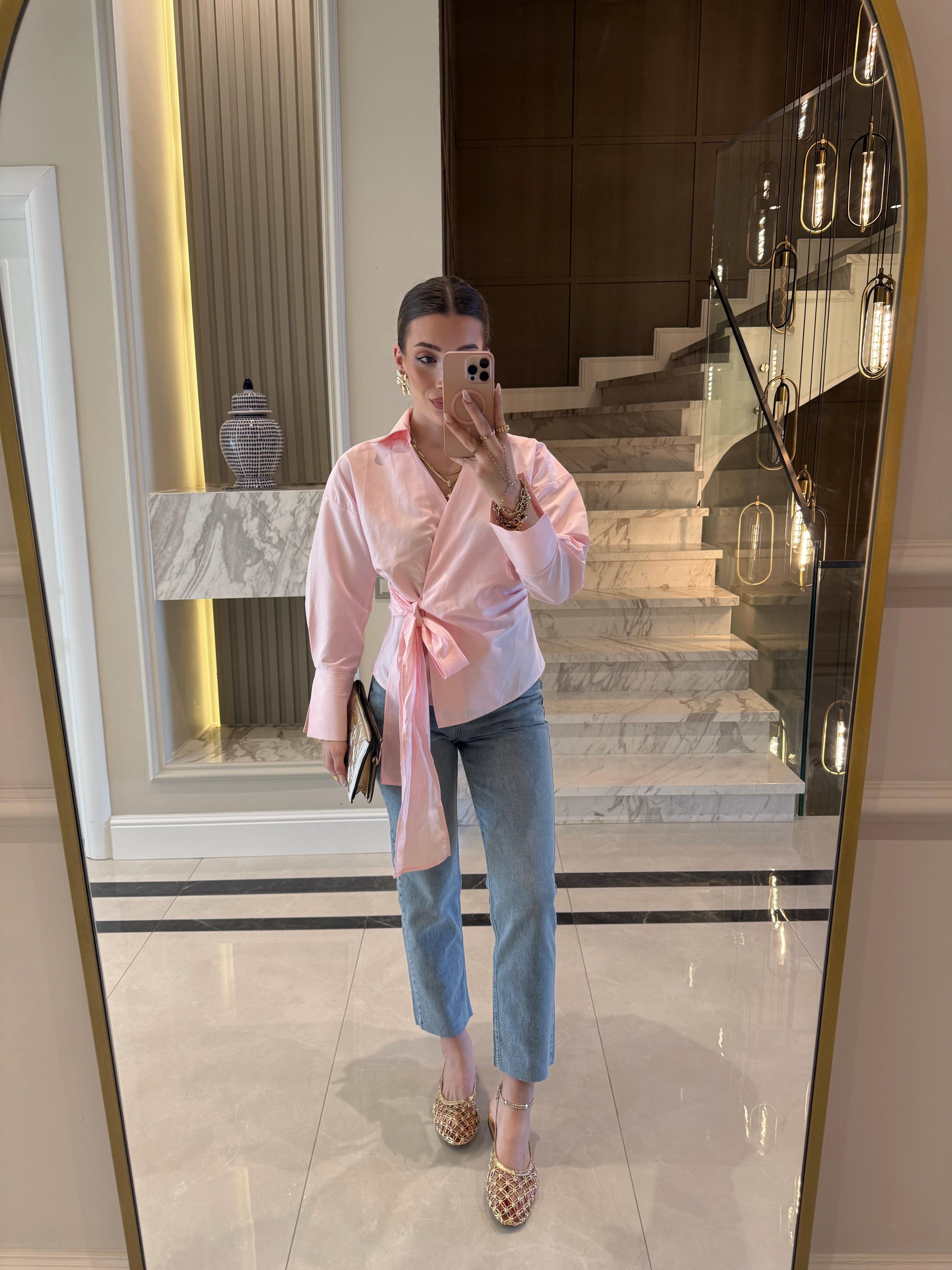 Pembe Kruvaze Bağlamalı Gömlek-Qu