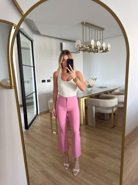 Pembe Mini İspanyol Paça Kumaş Pantolon -2286