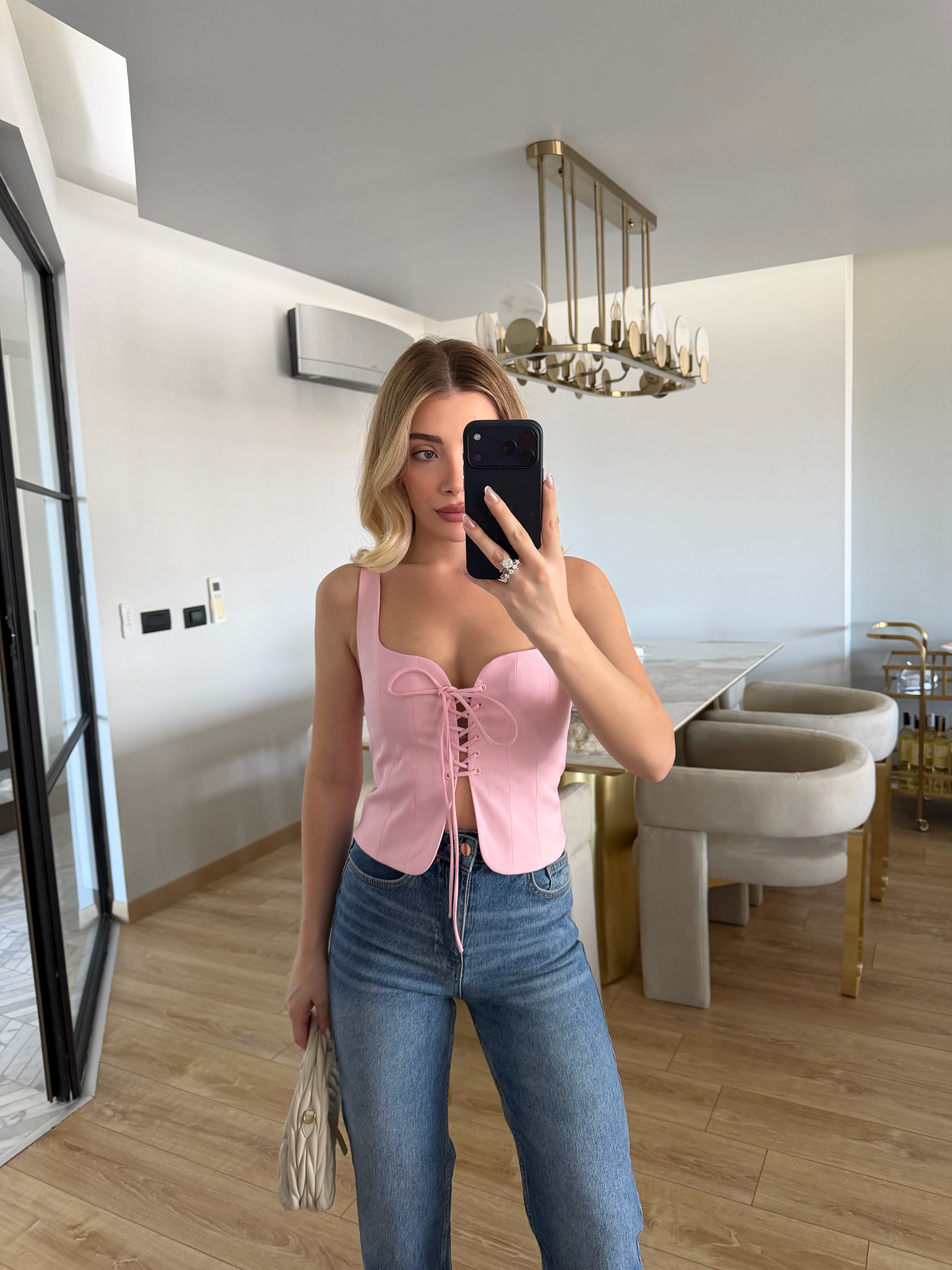 Pembe Önü İpli Korse Bluz-3220