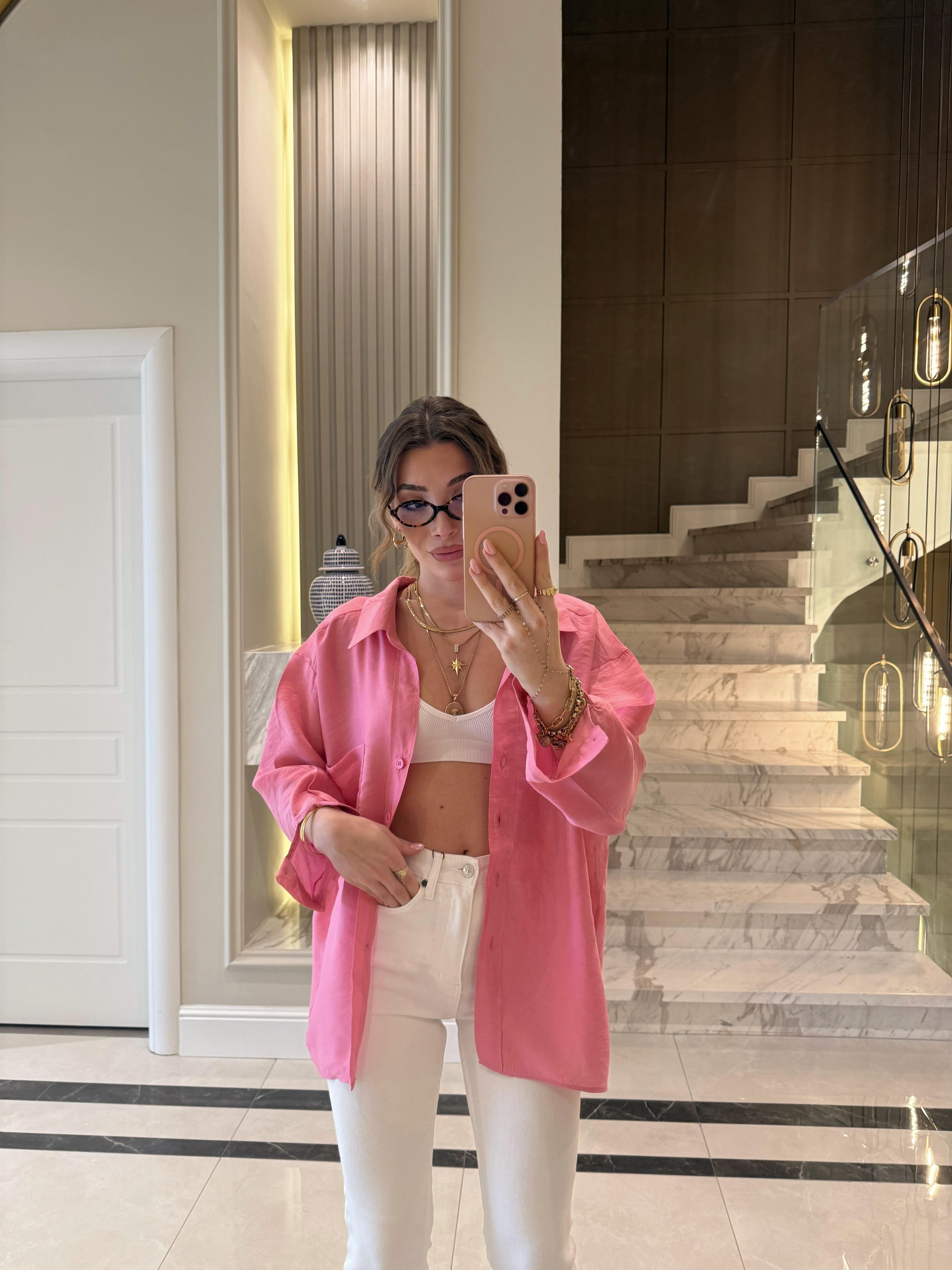 Pembe  Oversize Tensel Gömlek-4612