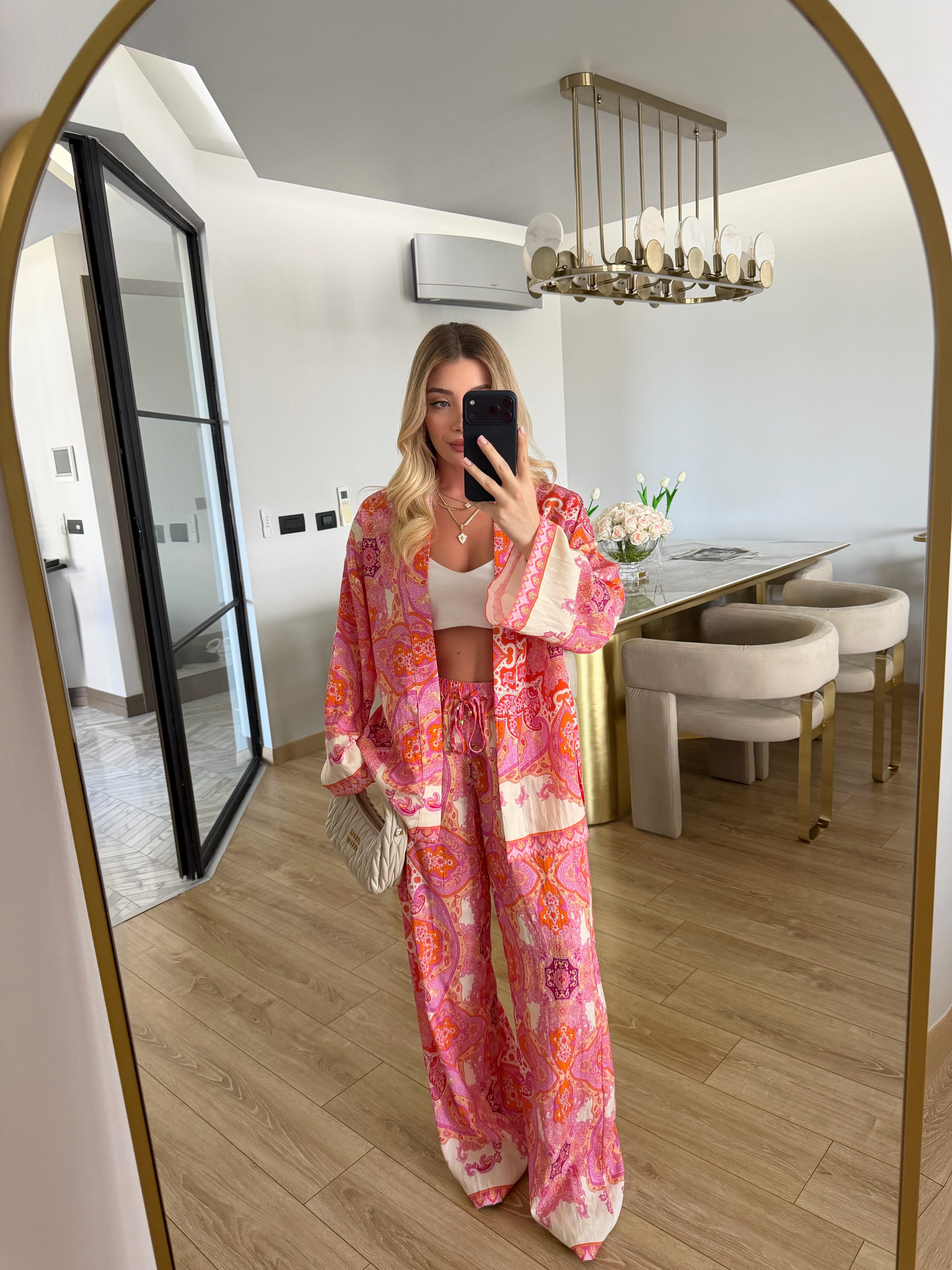 Pembe-Turuncu Etnik Desenli İkili Kimono -Pantolon Takım 