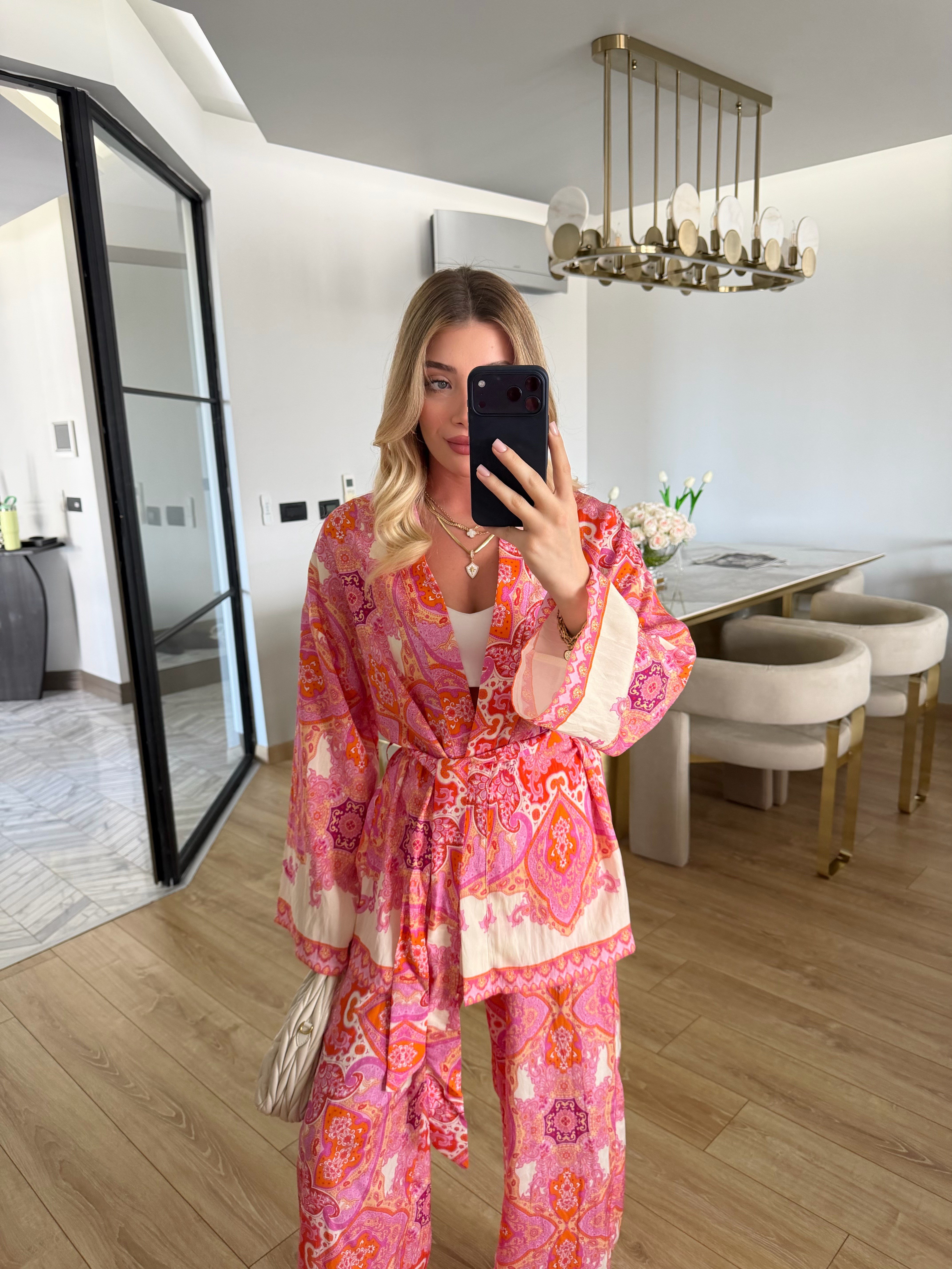 Pembe-Turuncu Etnik Desenli İkili Kimono -Pantolon Takım 