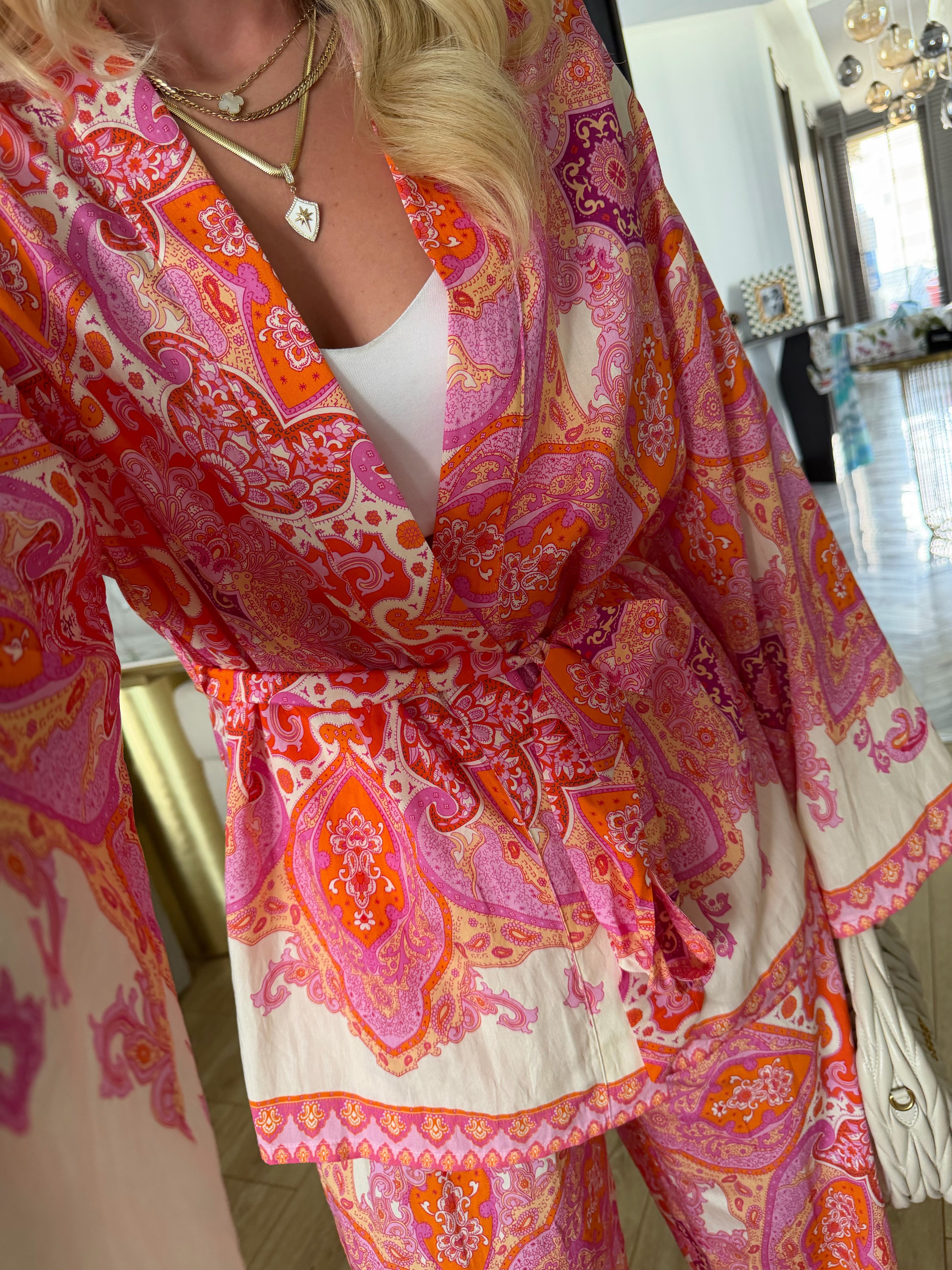 Pembe-Turuncu Etnik Desenli İkili Kimono -Pantolon Takım 