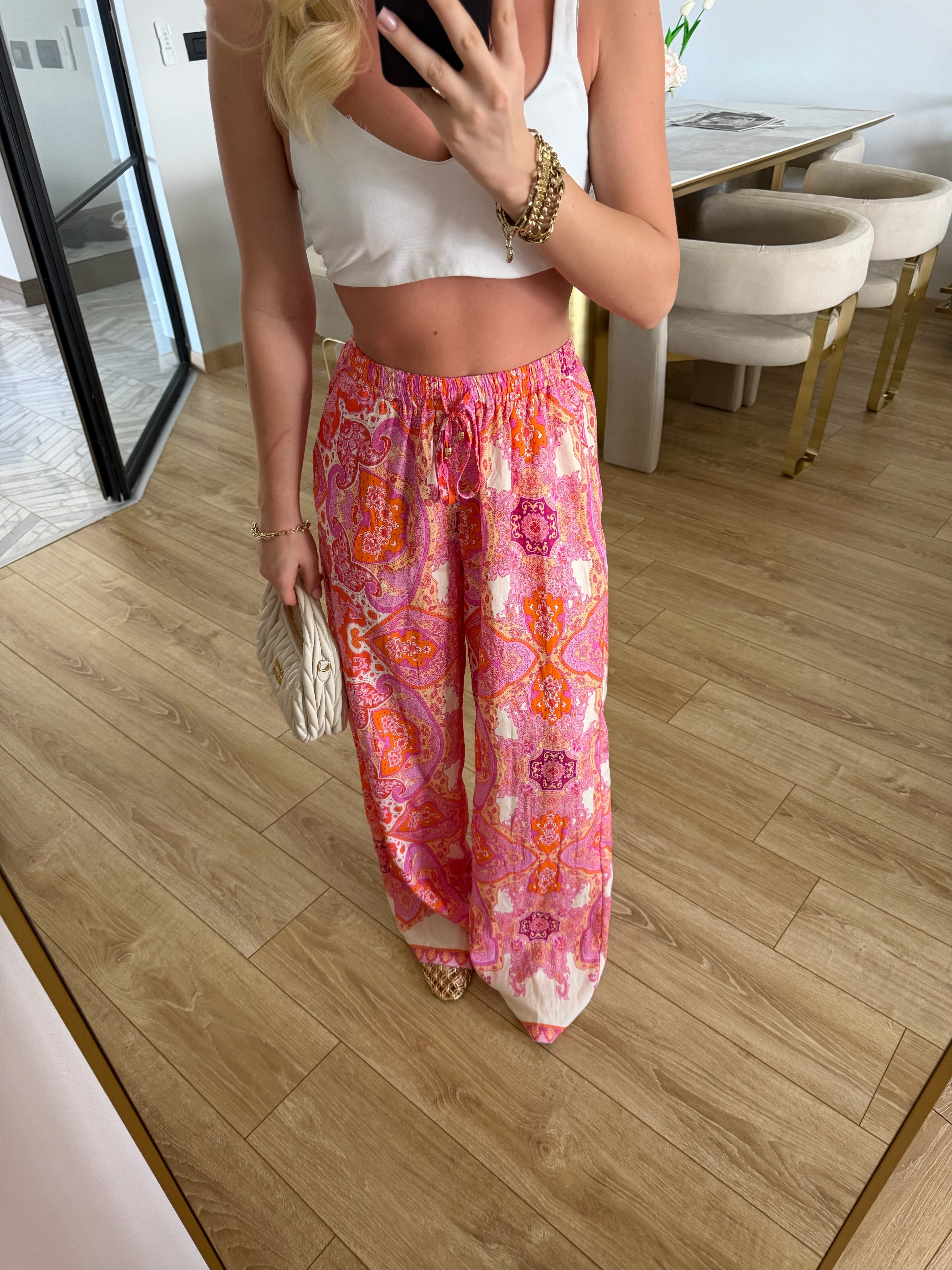 Pembe-Turuncu Etnik Desenli İkili Kimono -Pantolon Takım 