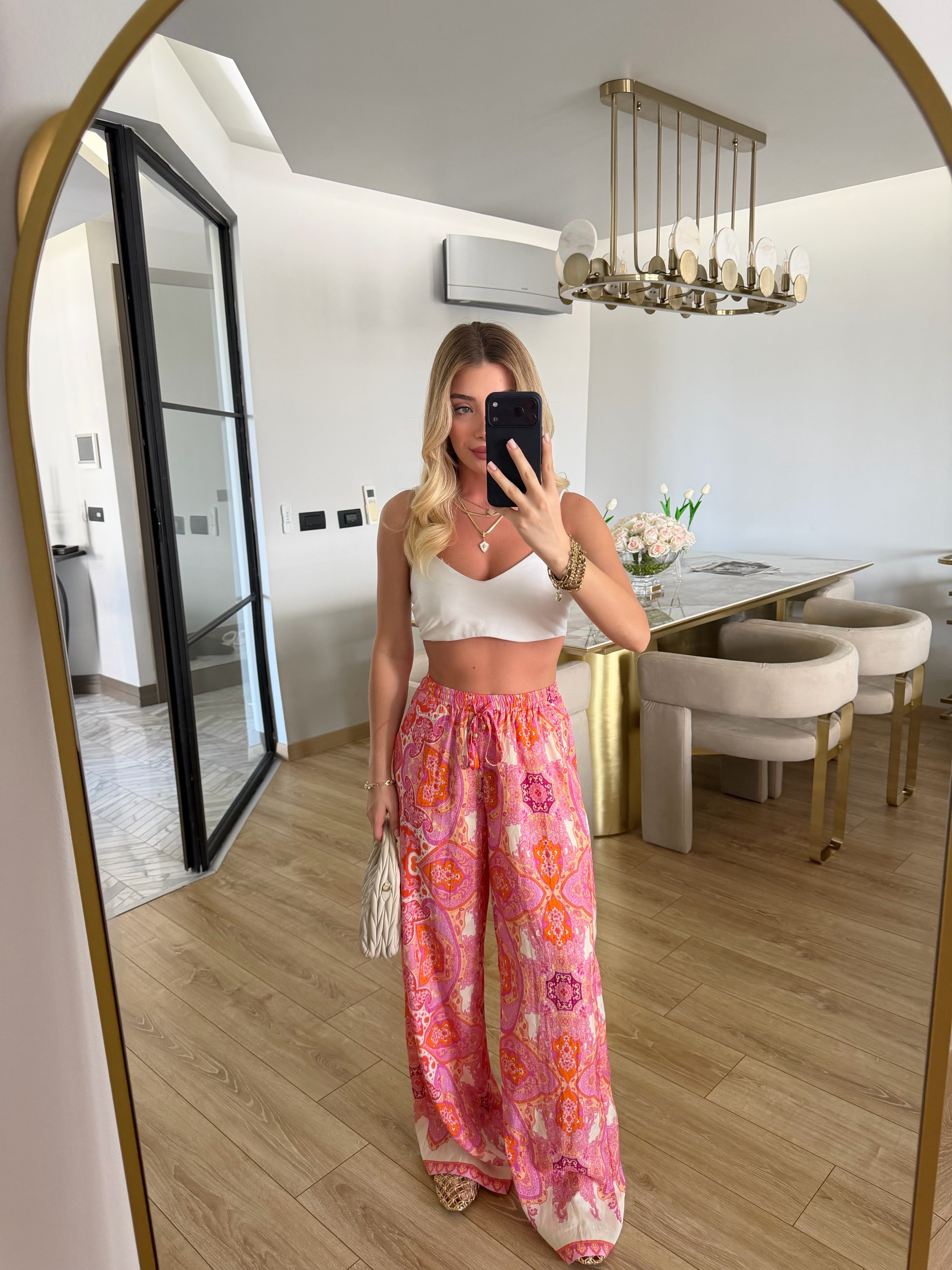 Pembe-Turuncu Etnik Desenli İkili Kimono -Pantolon Takım 