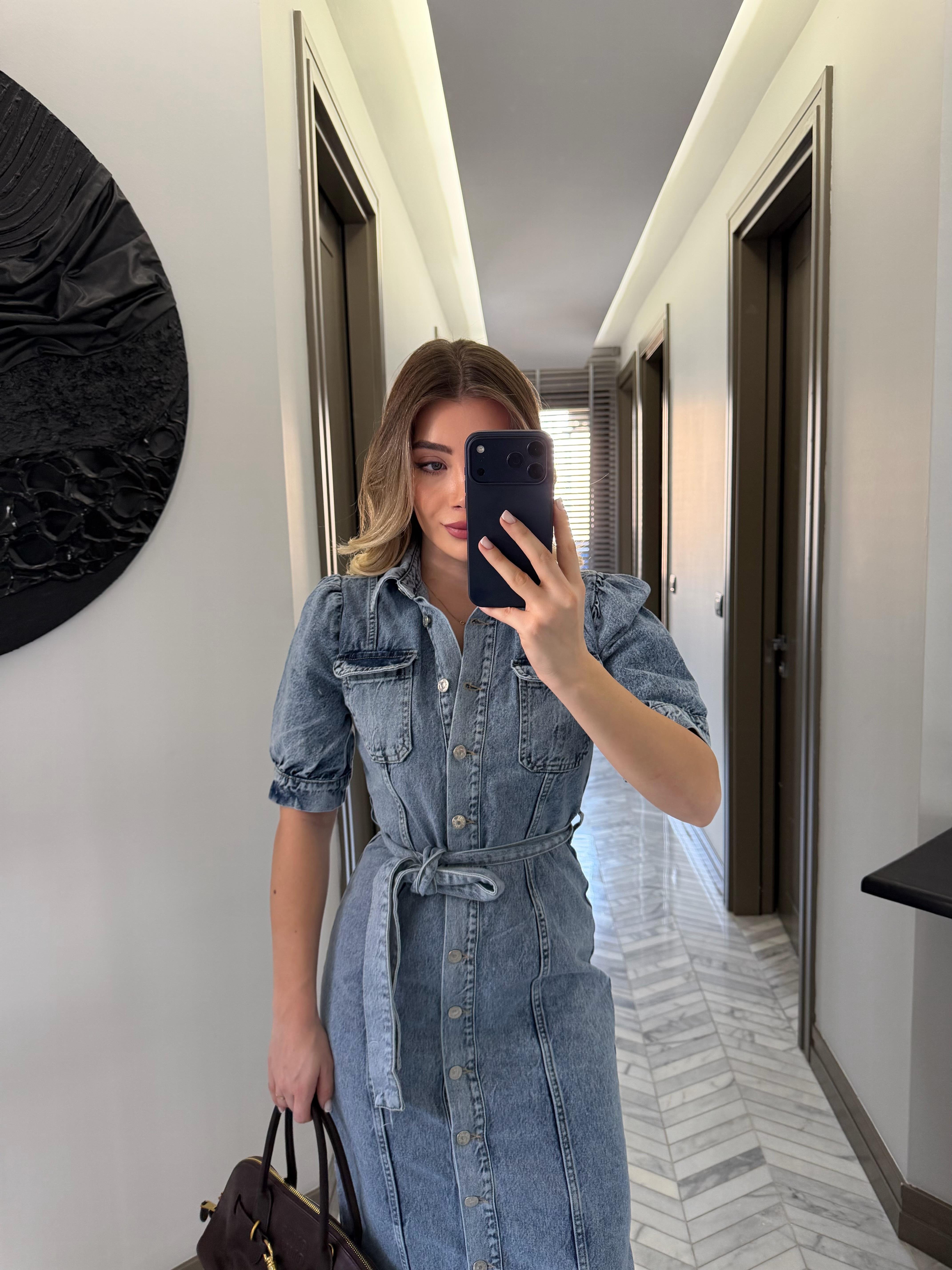 Rins Yıkama Kuşaklı Denim Elbise