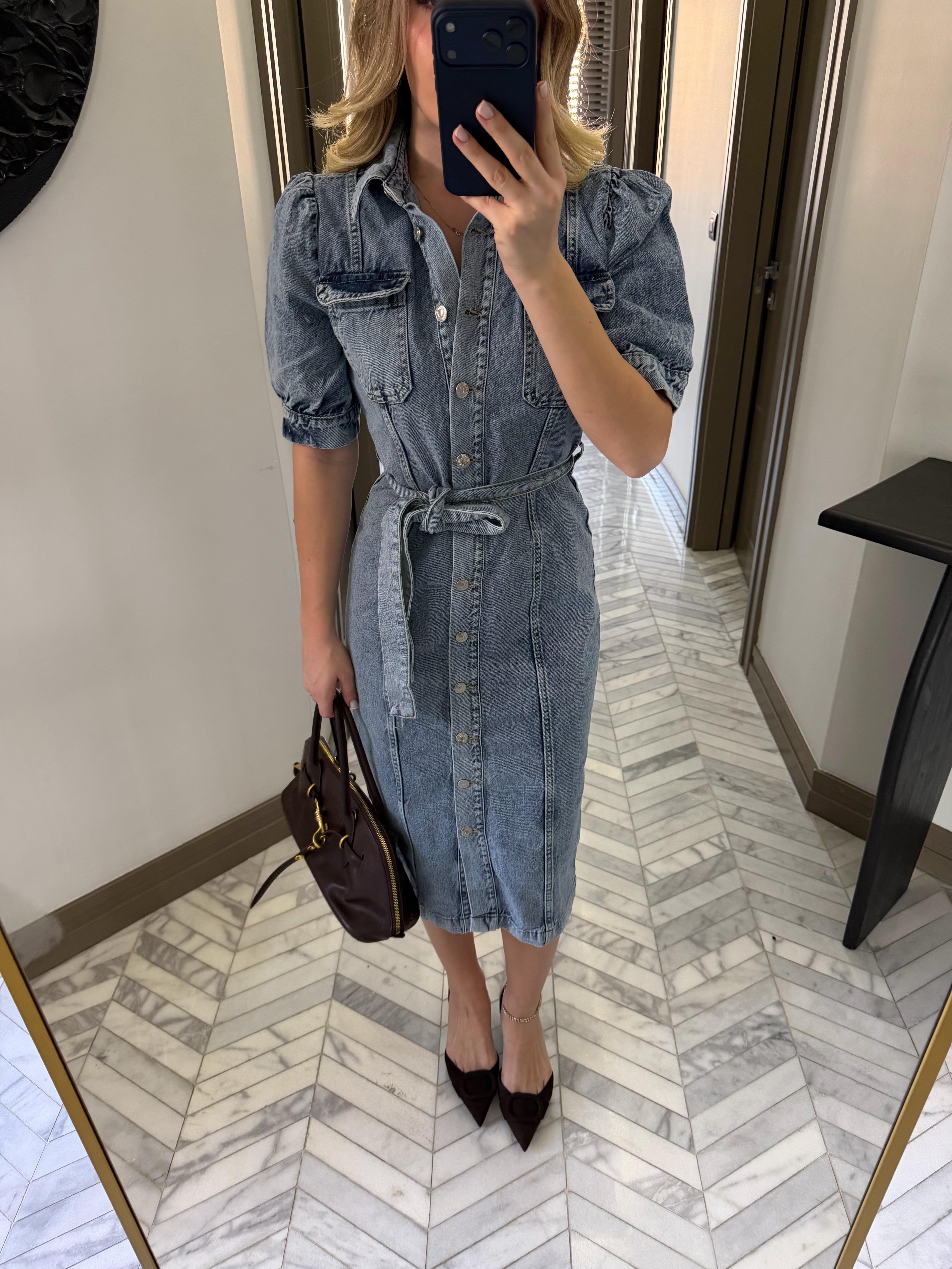 Rins Yıkama Kuşaklı Denim Elbise