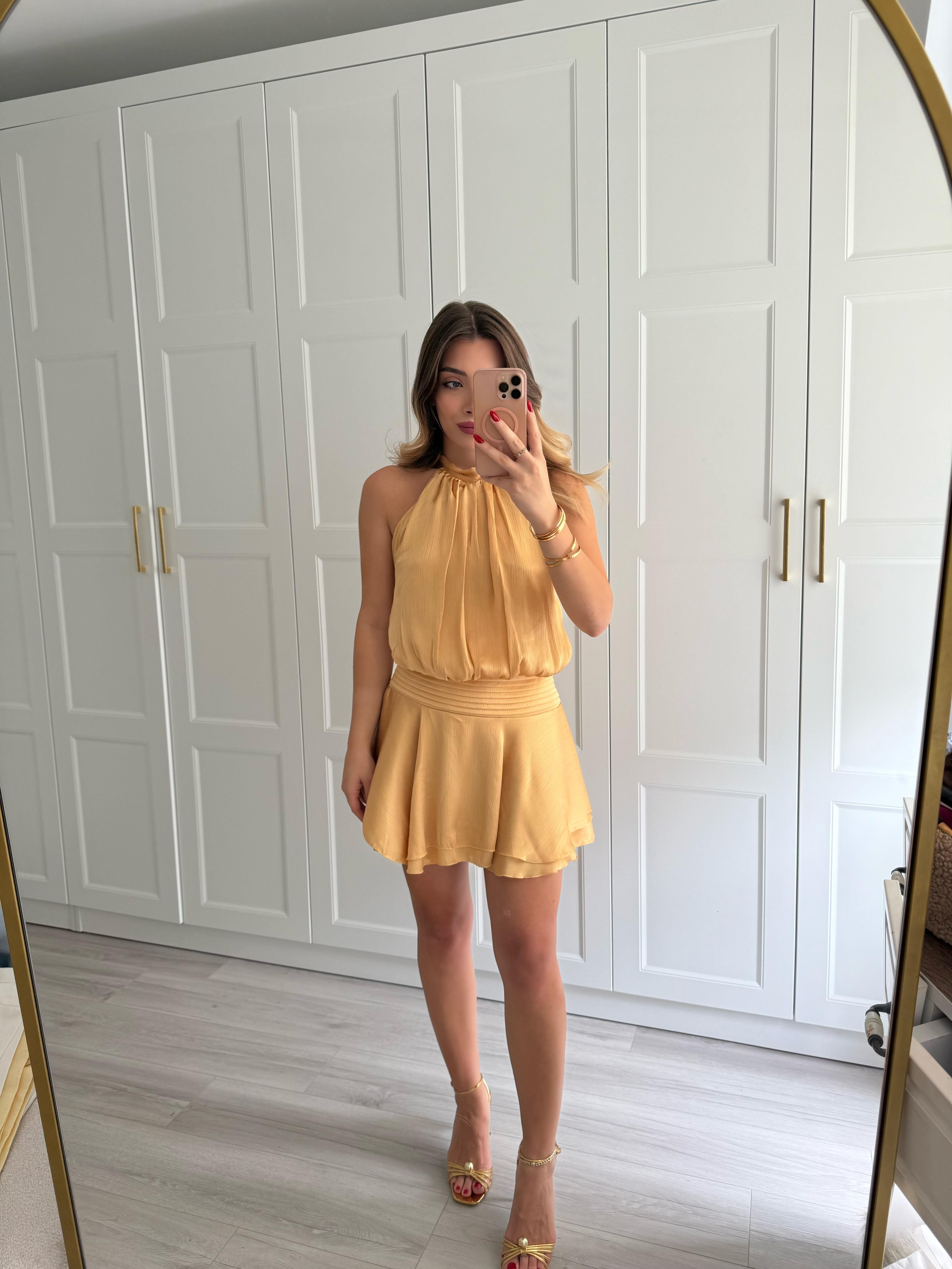 Sarı Altı Volanlı Halter Yakalı Mini Elbise 