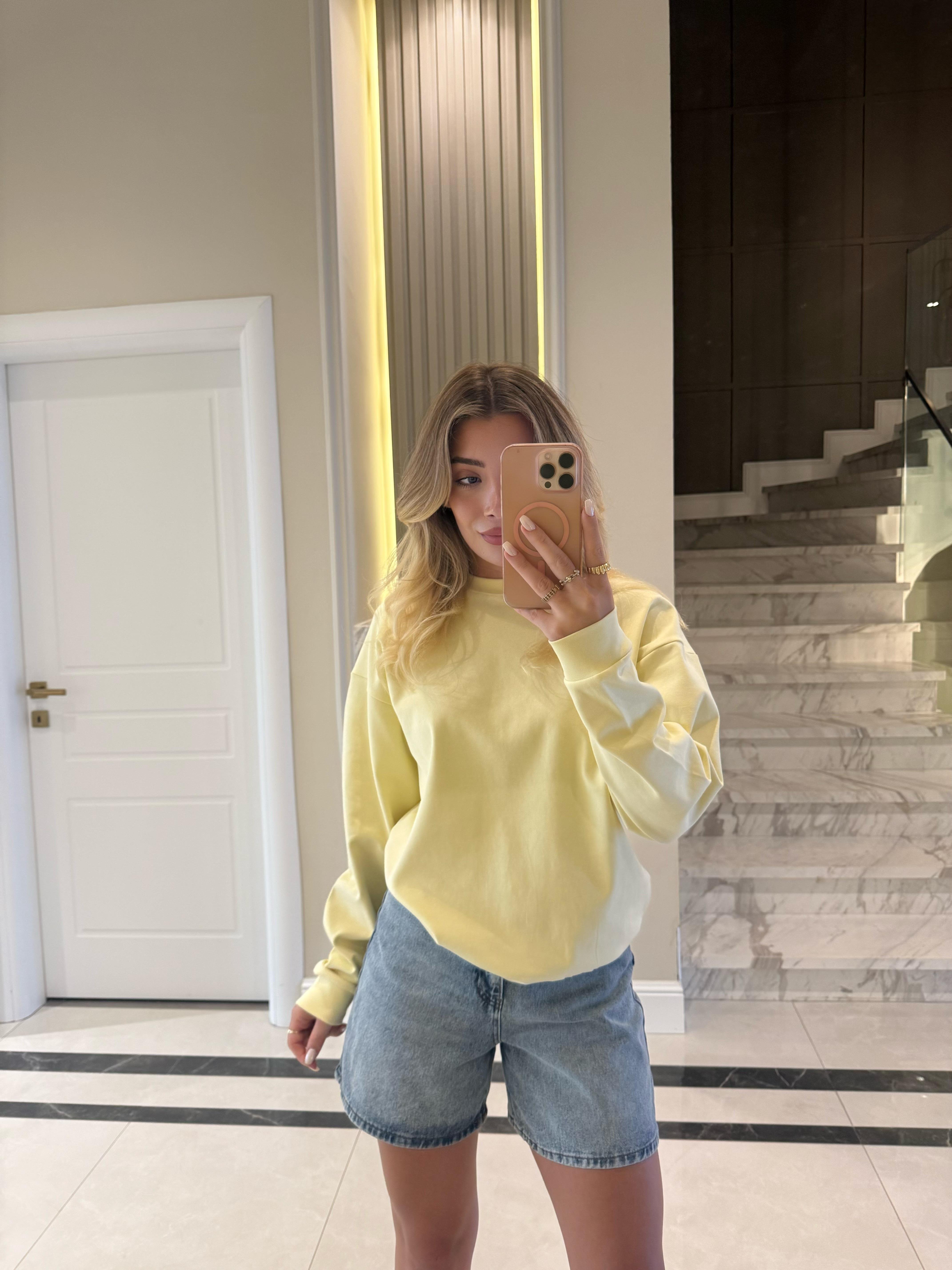Sarı Düz Basic Oversize Sweatshirt