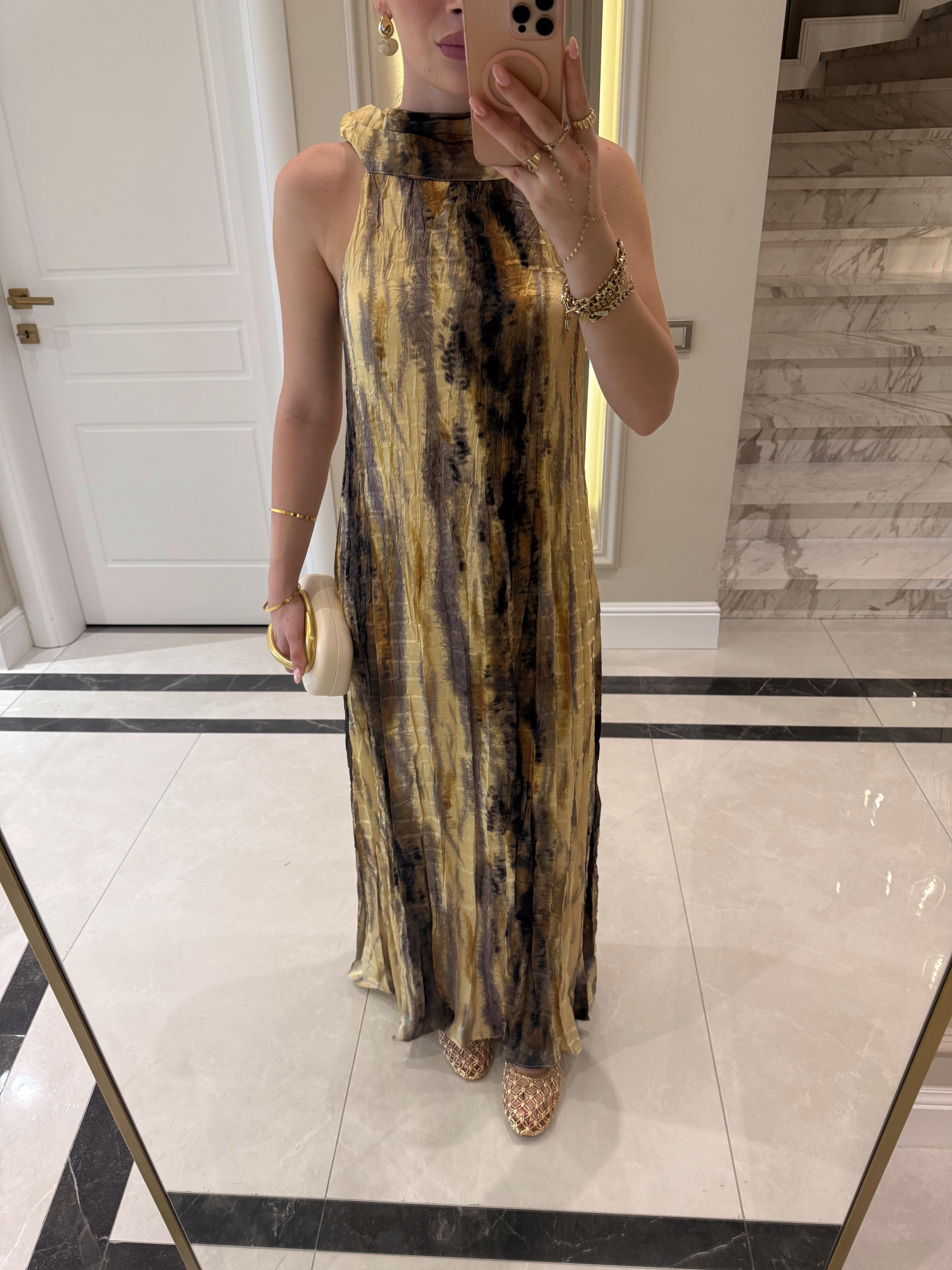 Sarı-Kahve Batik Desenli Halter Yakalı Elbise-251059