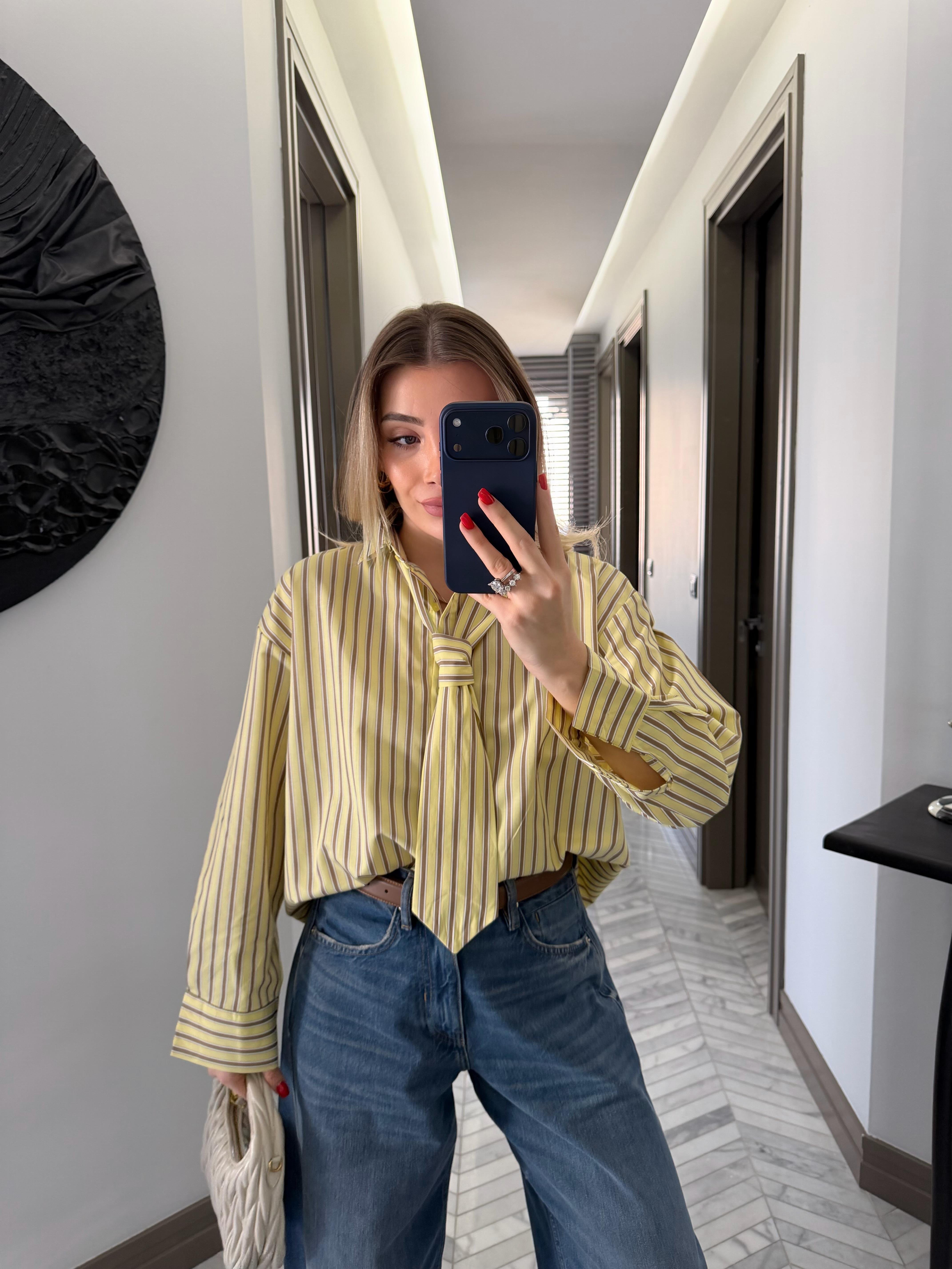 Sarı-Kahve  Kravatlı Çizgili Gömlek-1007