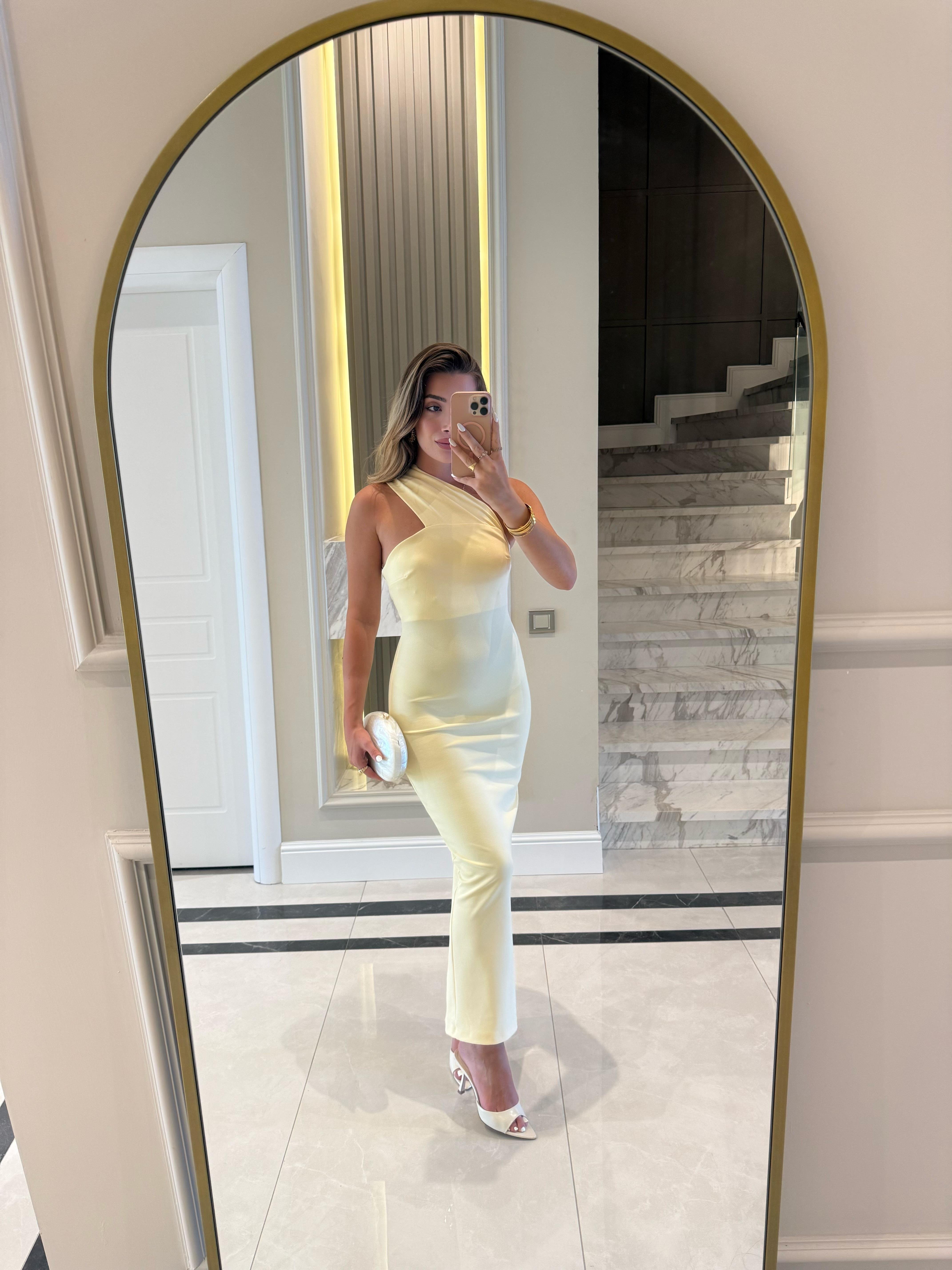 Sarı Tek Omuz Midi Boy Elbise