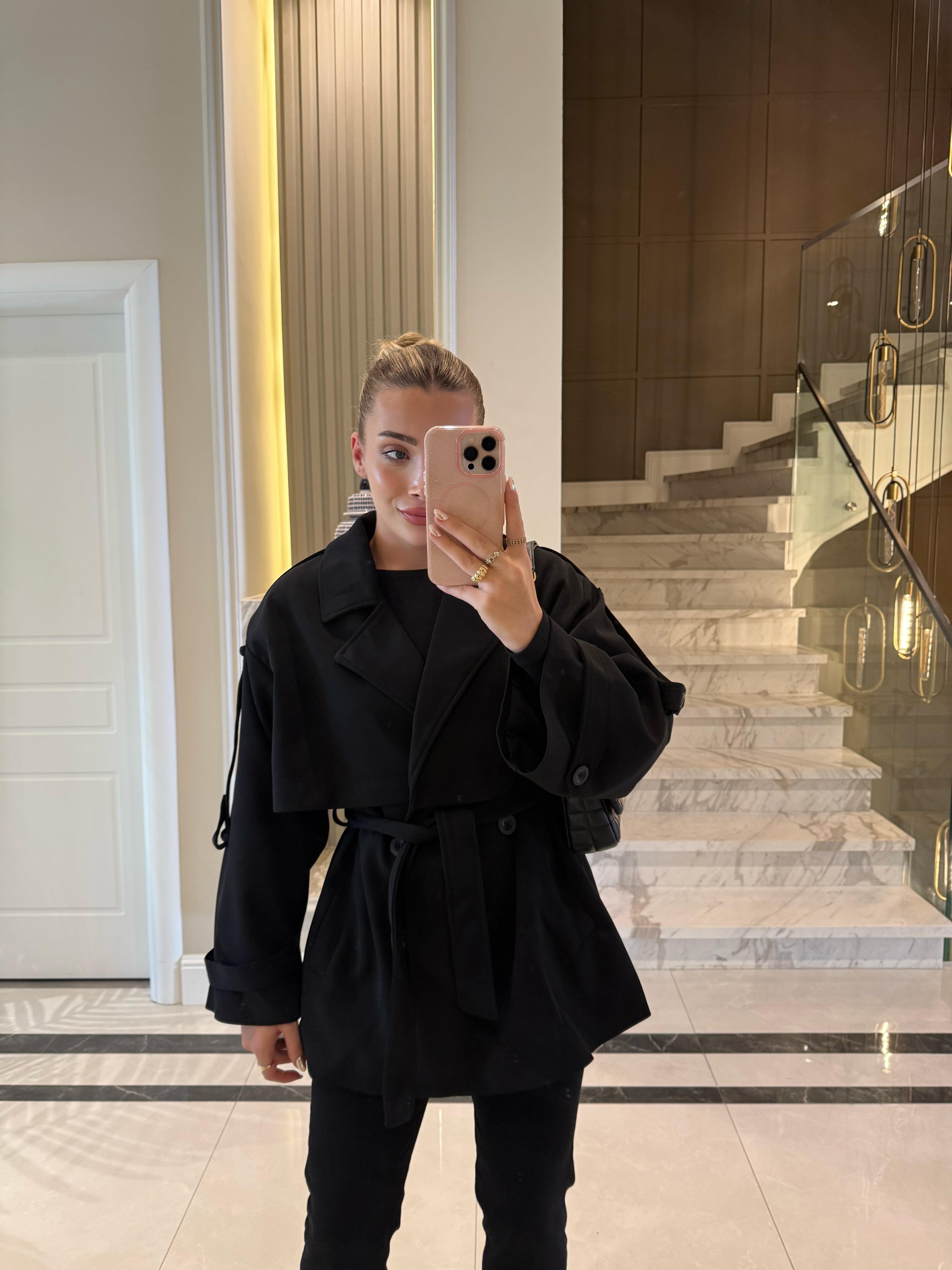Siyah Apoletlı Oversize  Kısa Trenç-9582