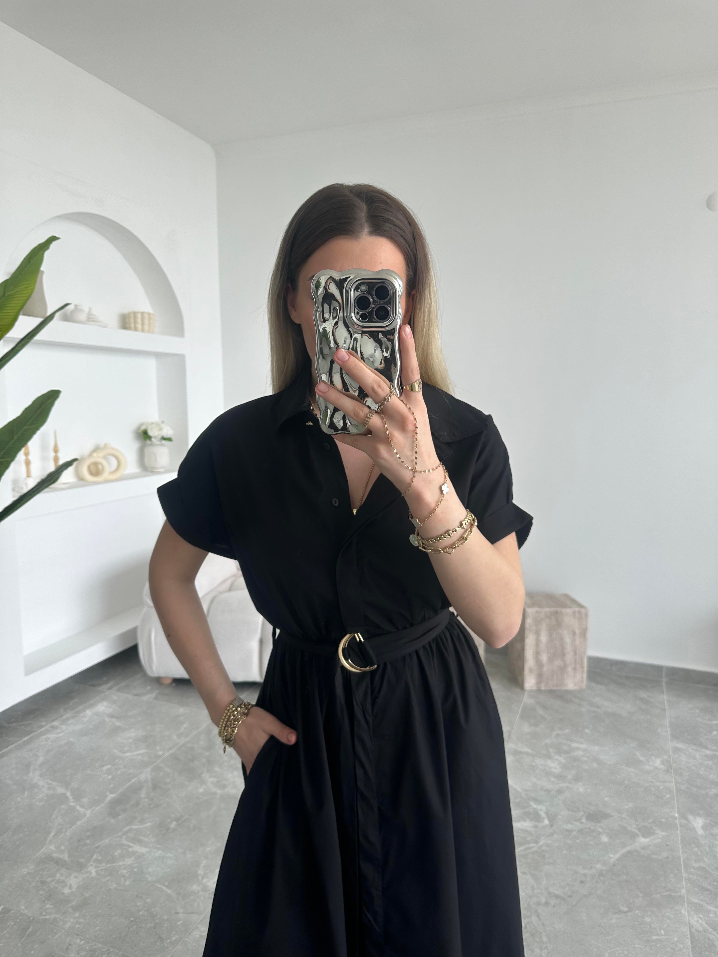 Siyah Beli Kuşaklı Midi Boy Poplin Elbise 