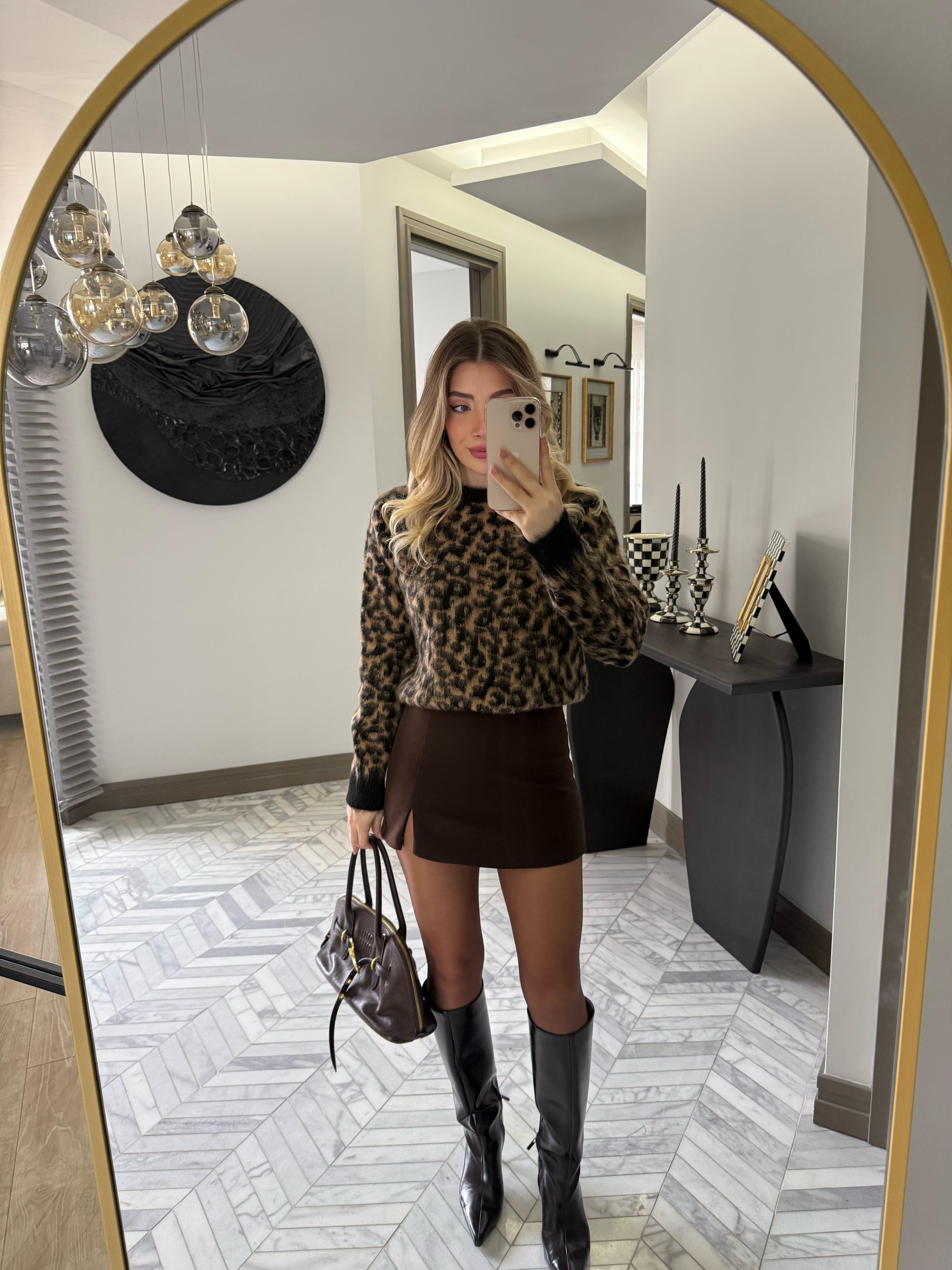 Siyah-Camel Leopar Desenli Kazak-1178