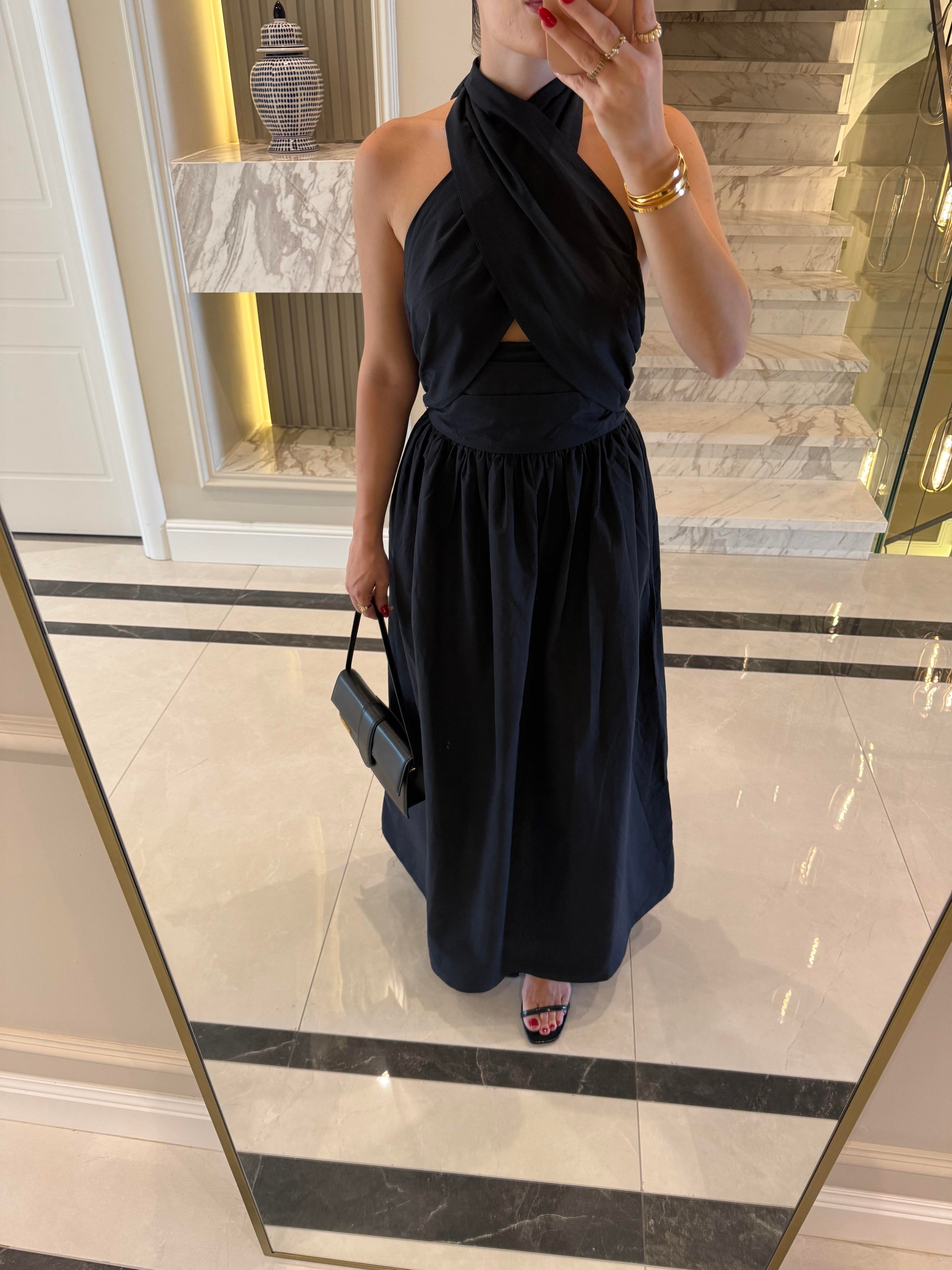 Siyah Çapraz Bağlamalı  Midi Elbise 