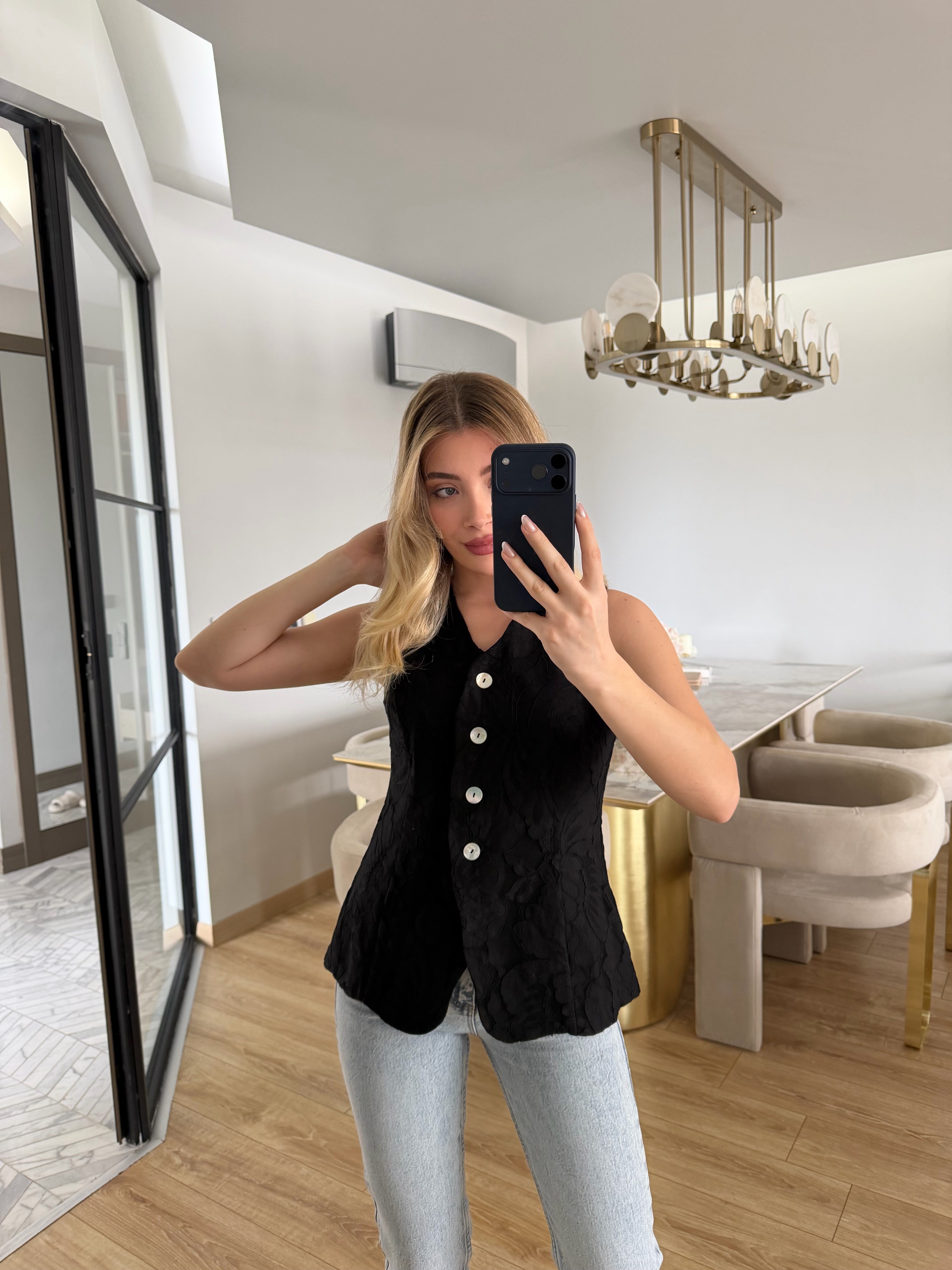 Siyah Çiçek Desenli Yelek-37406