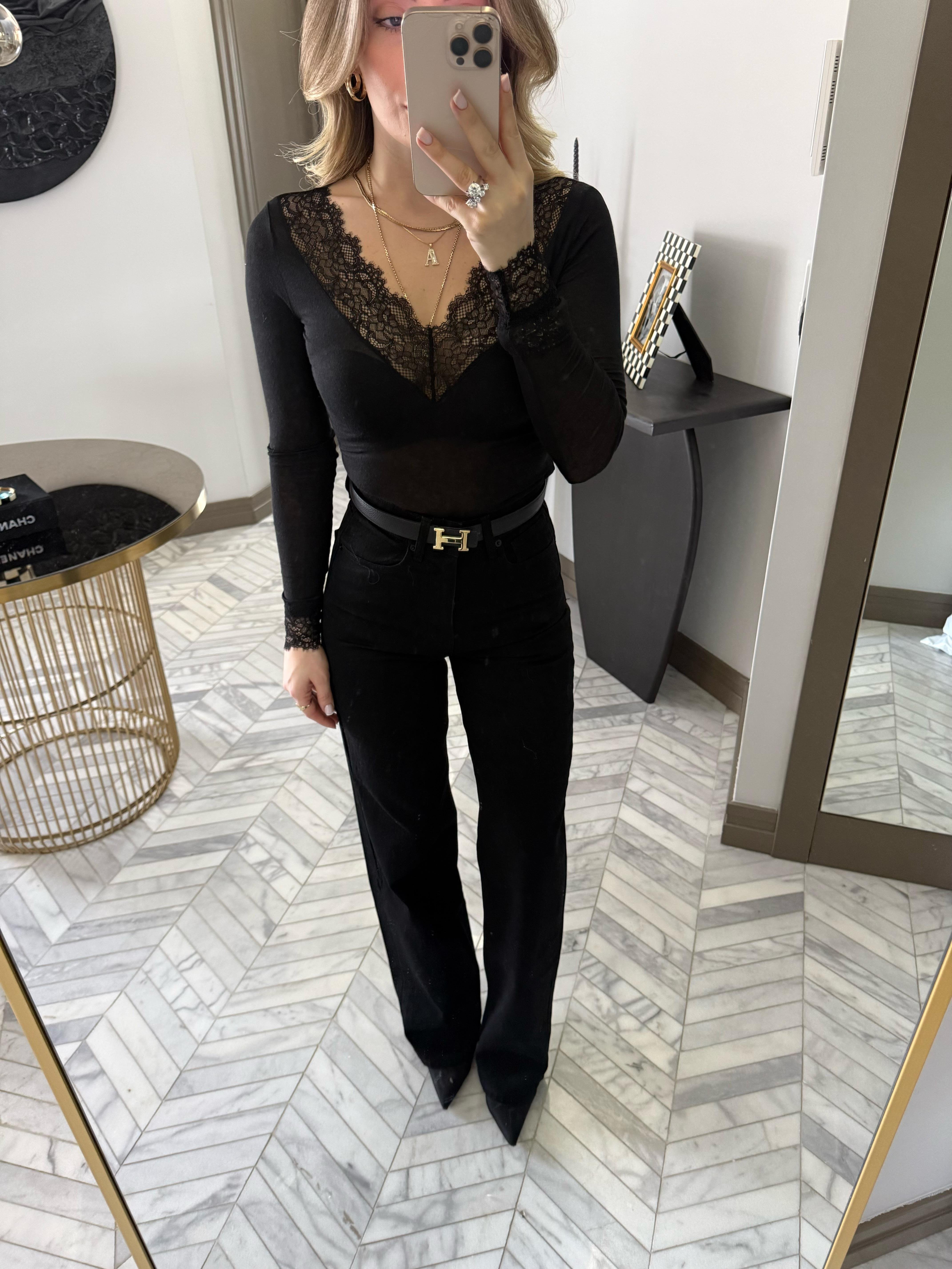 Siyah Dantelli Kaşmir Transparan Bluz-32311