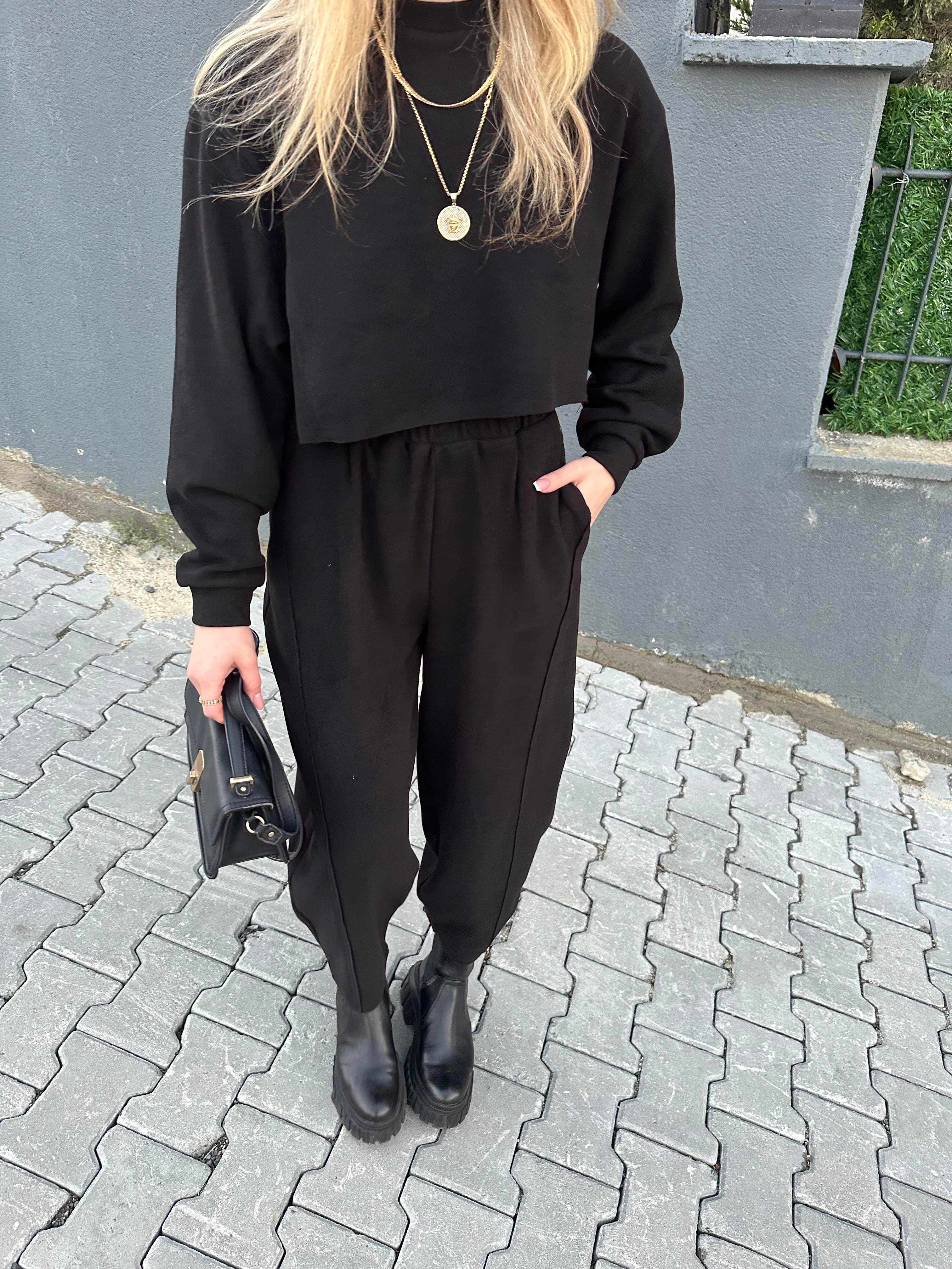 Siyah Fitilli Özel Dokulu Crop Pantolon Takım