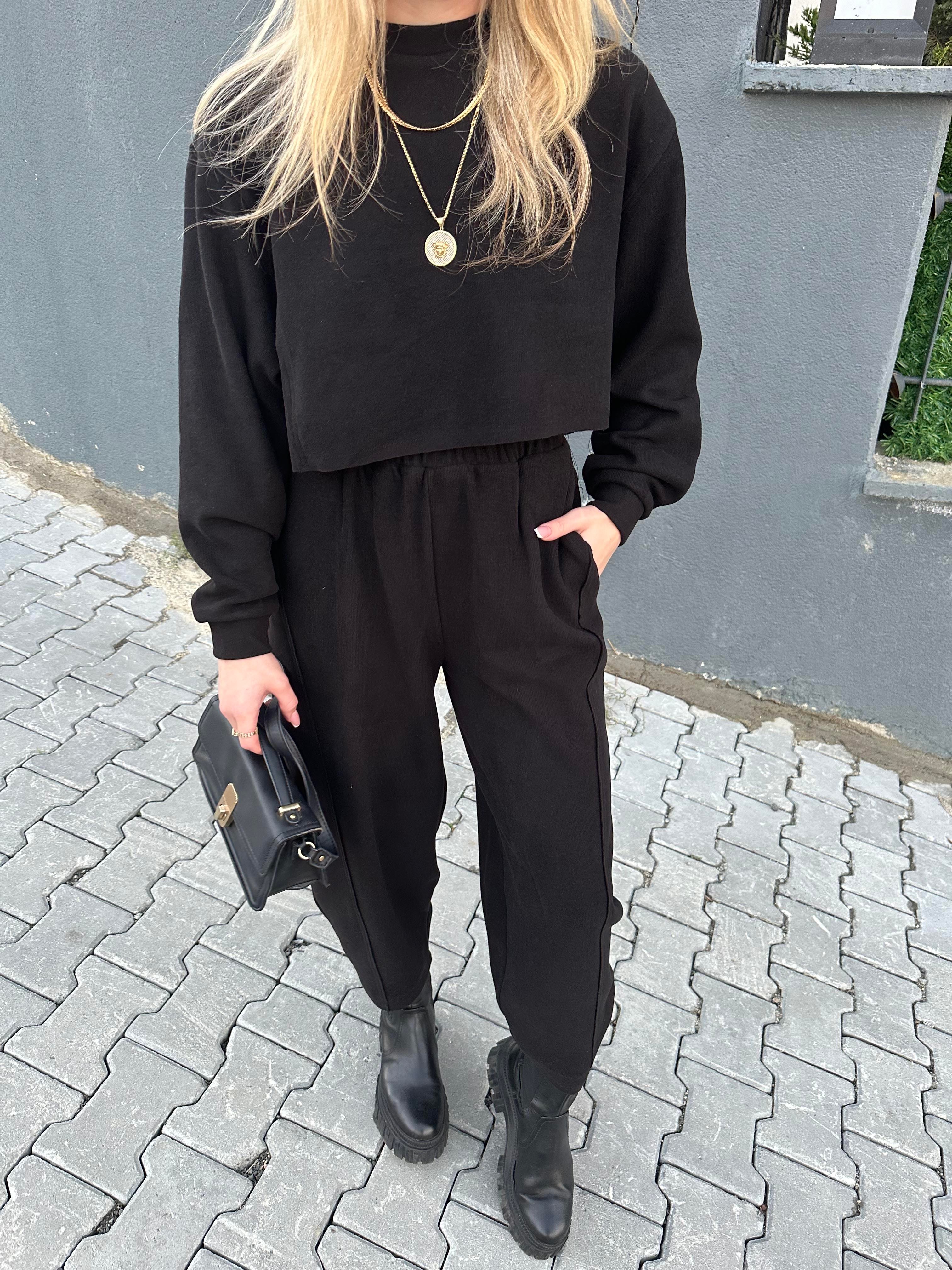 Siyah Fitilli Özel Dokulu Crop Pantolon Takım
