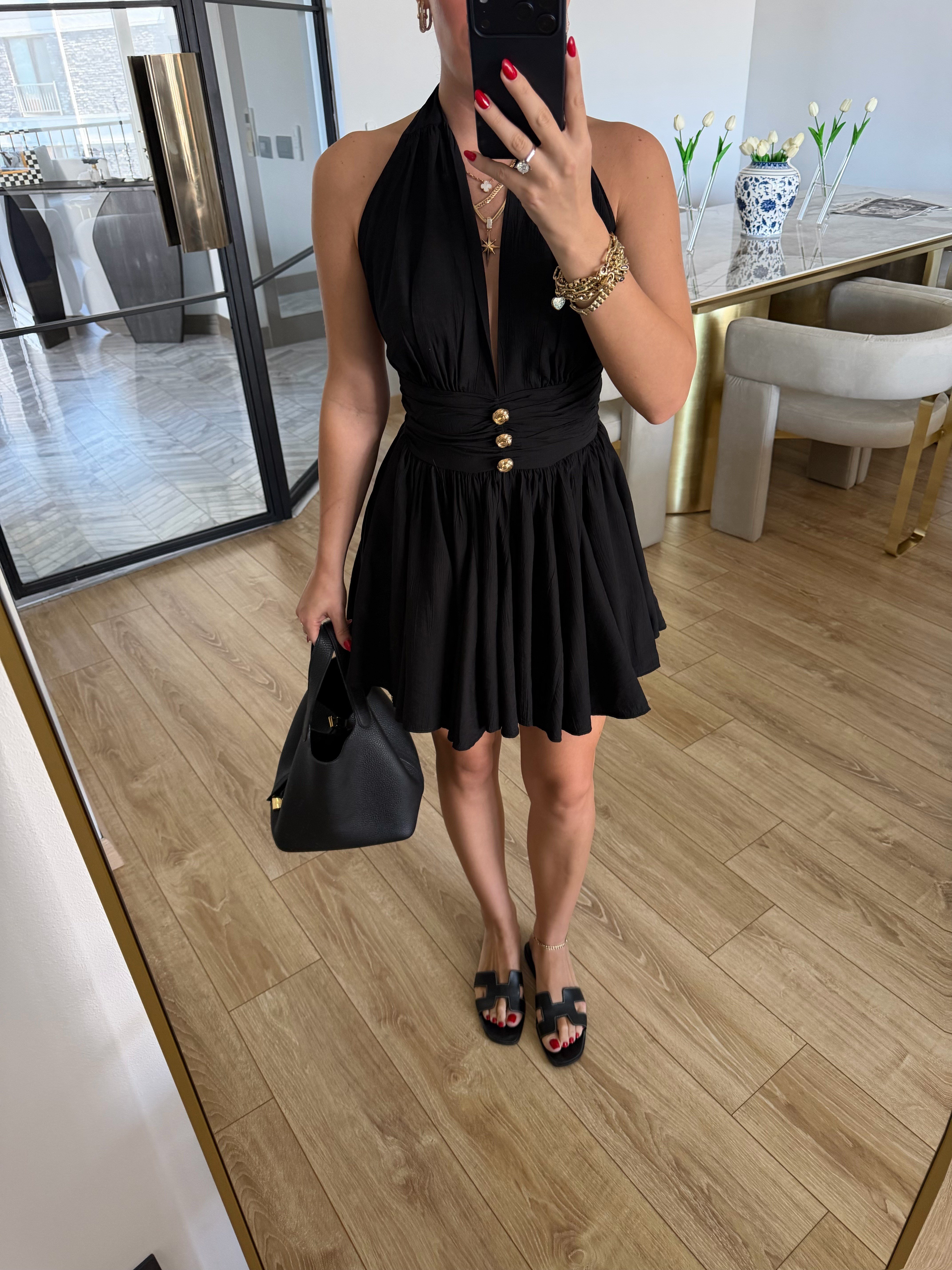 Siyah Gold Düğmeli Ronse Mini Elbise