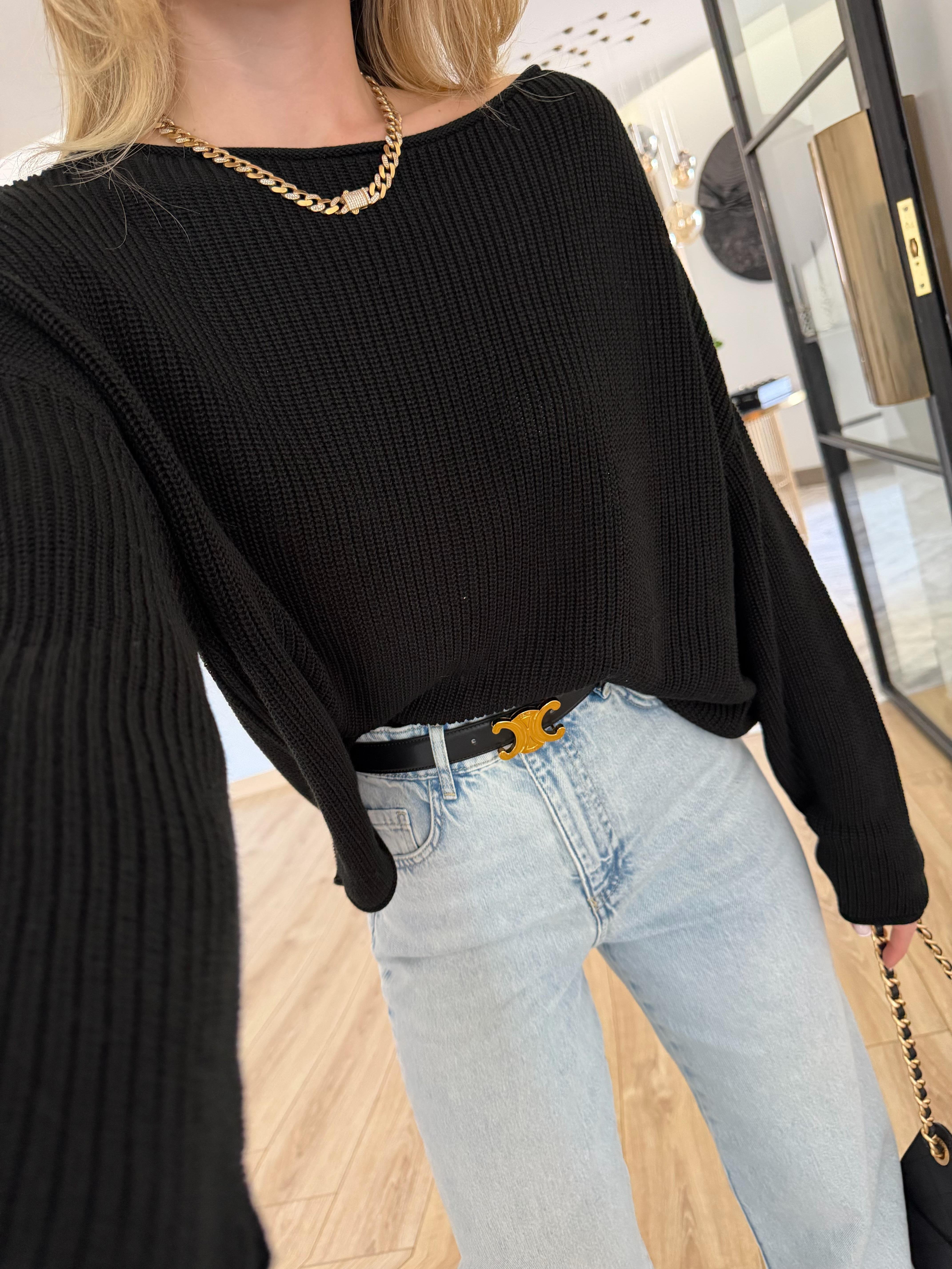 Siyah Kayık Yaka Basic Triko Kazak-10804