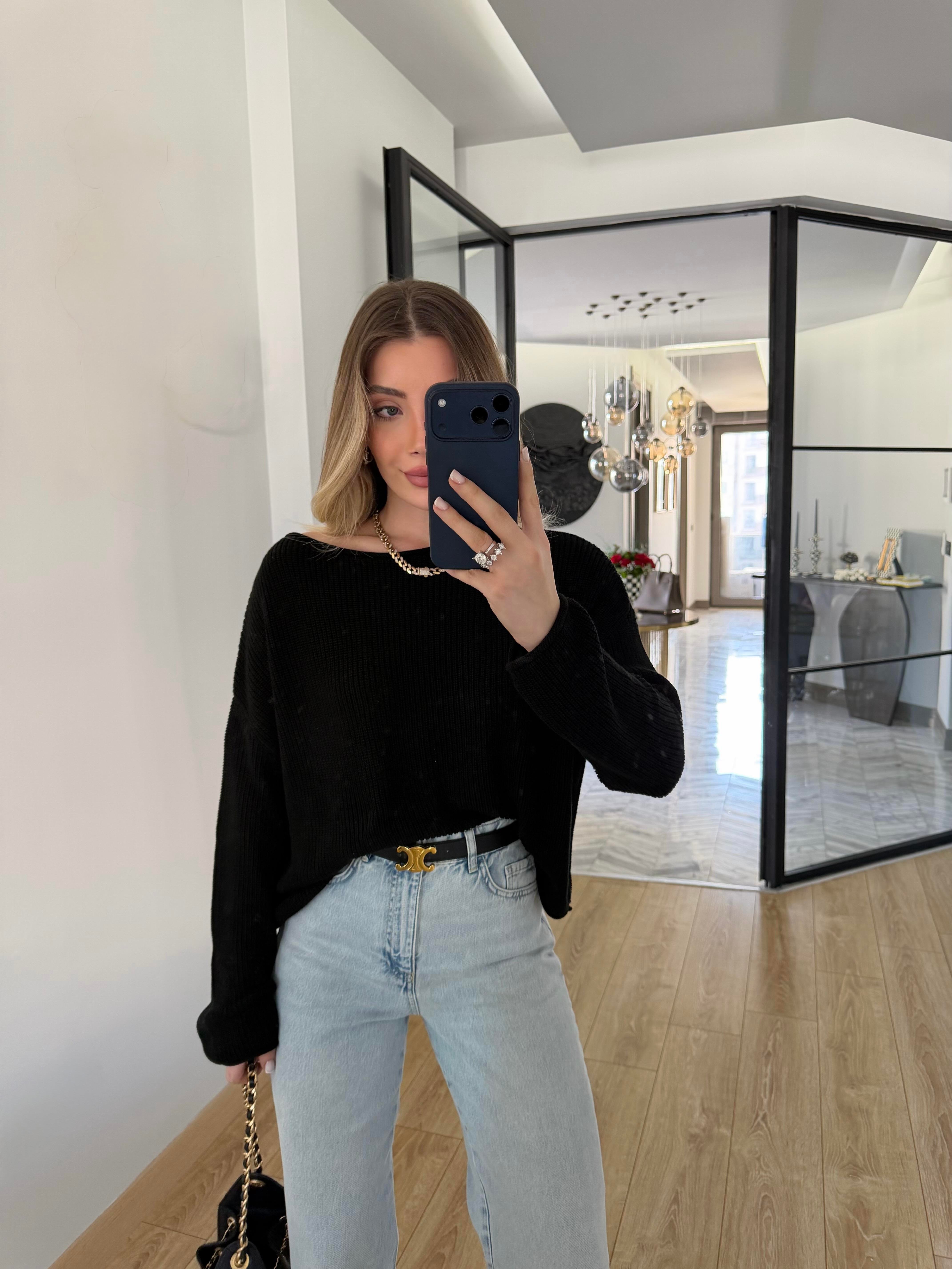 Siyah Kayık Yaka Basic Triko Kazak-10804