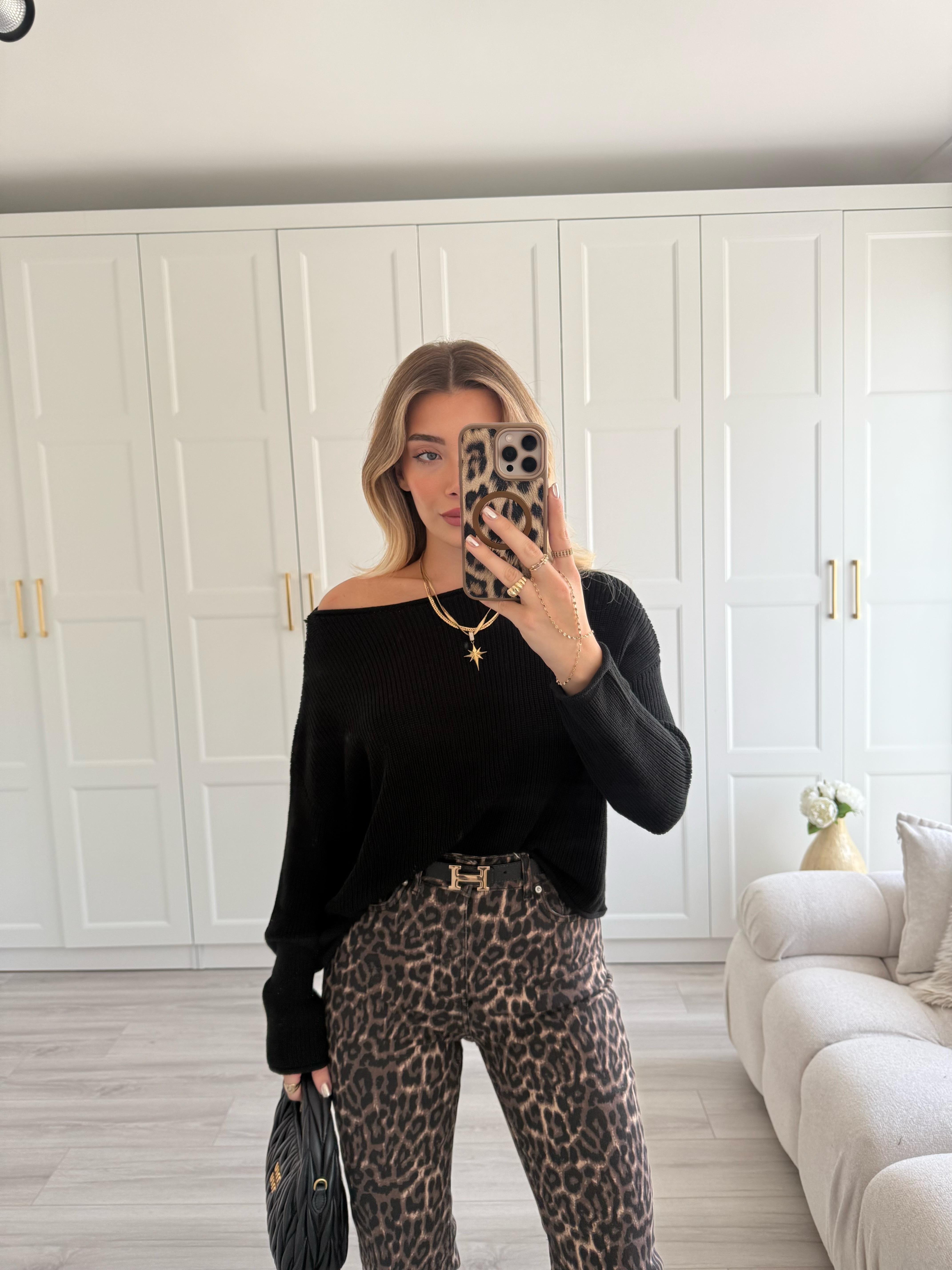 Siyah Kayık Yaka Basic Triko Kazak- 10804