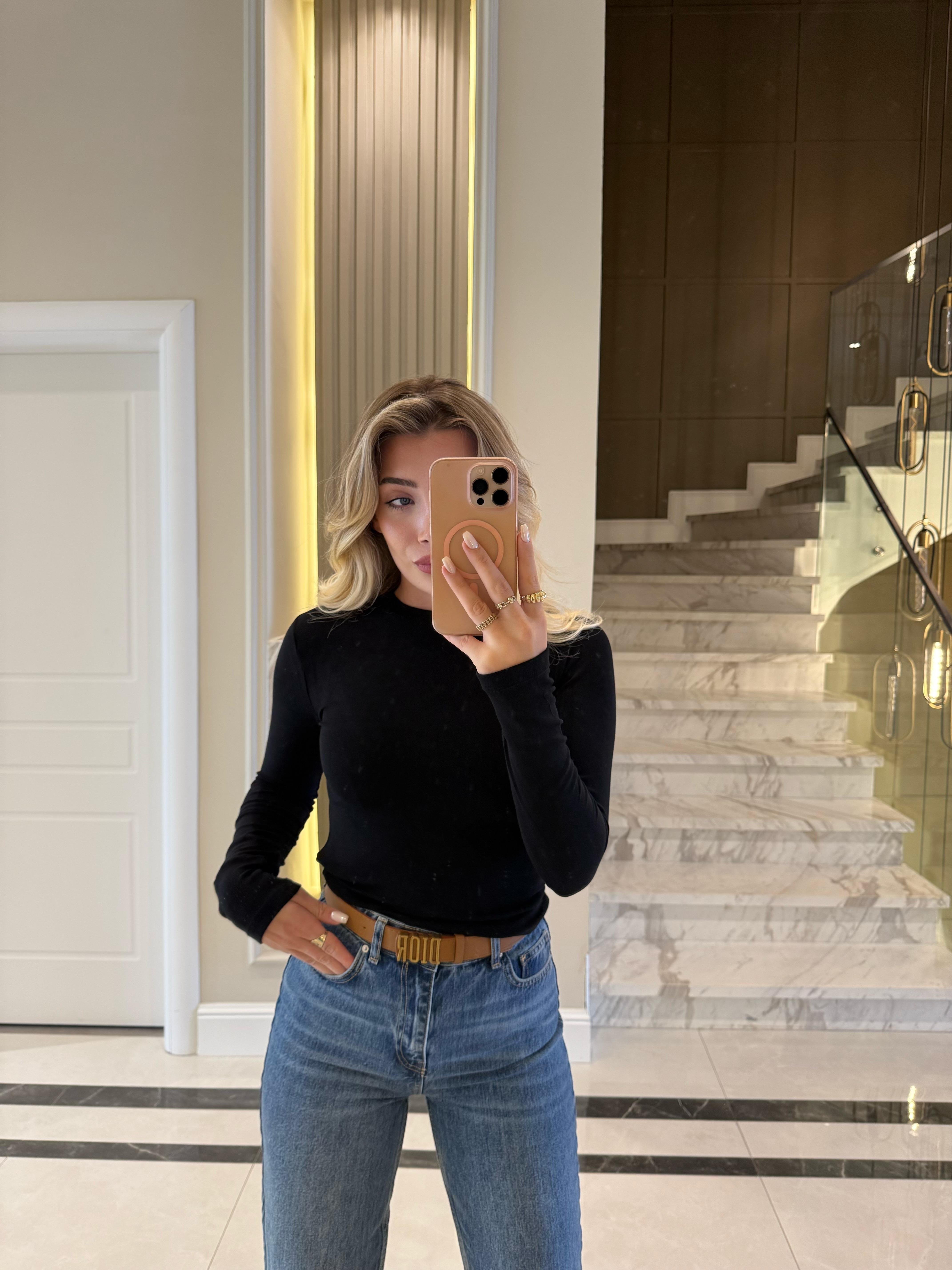 Siyah Massi Orjinal Marka Modal Kumaş Uzun Kollu Top