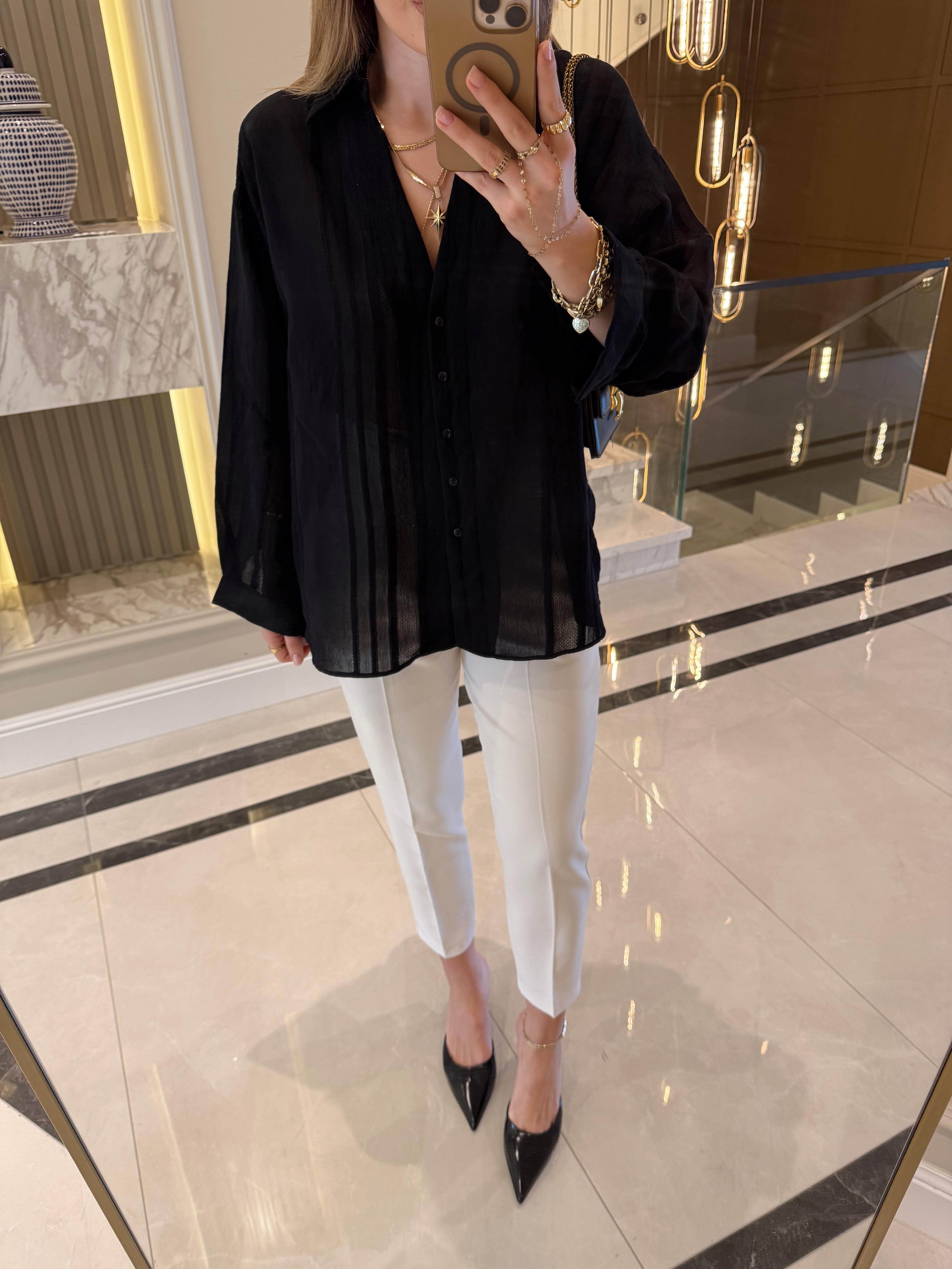 Siyah Oversize Tensel Gömlek - 4612