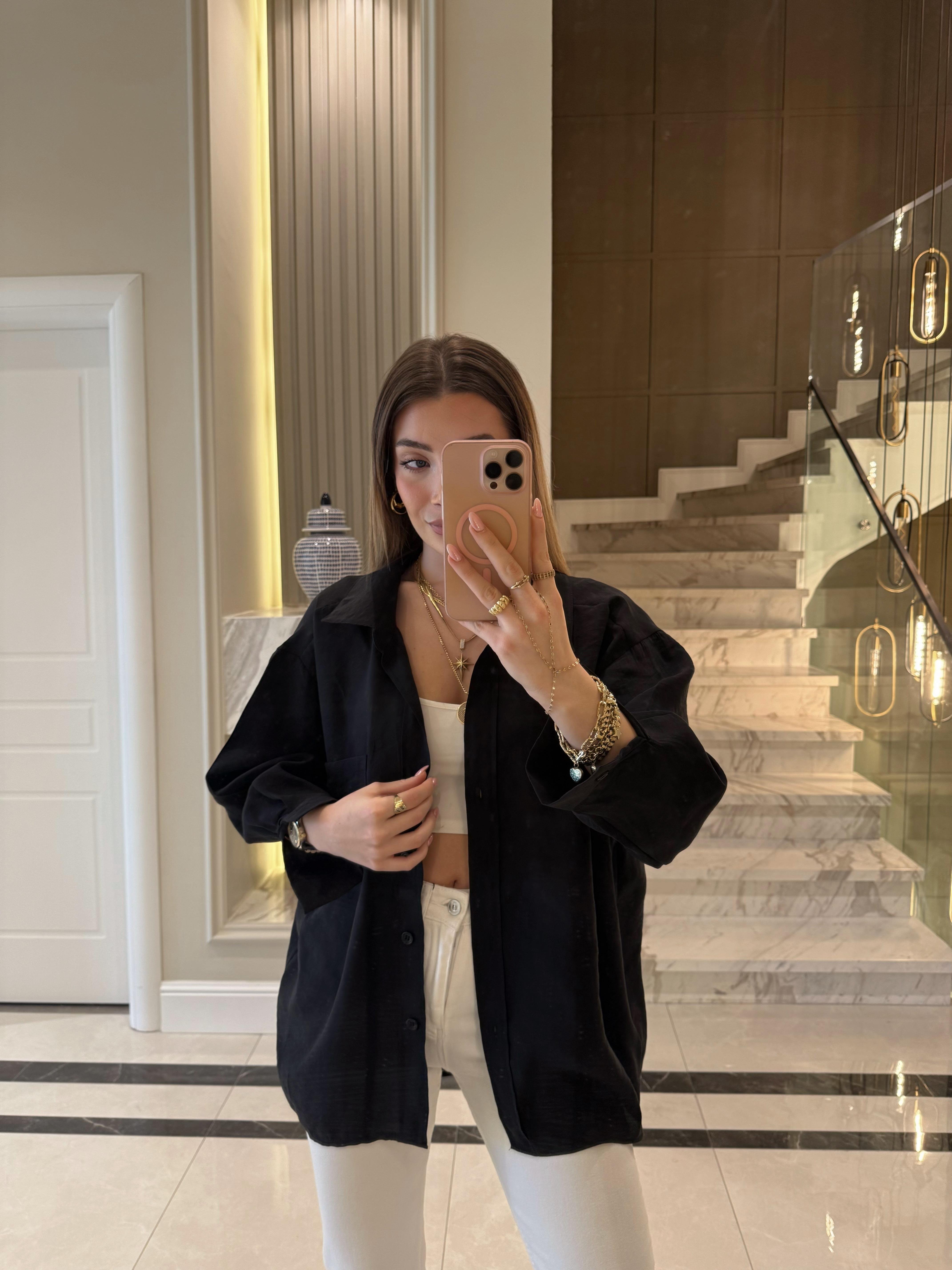 Siyah Oversize Tensel Gömlek-4612