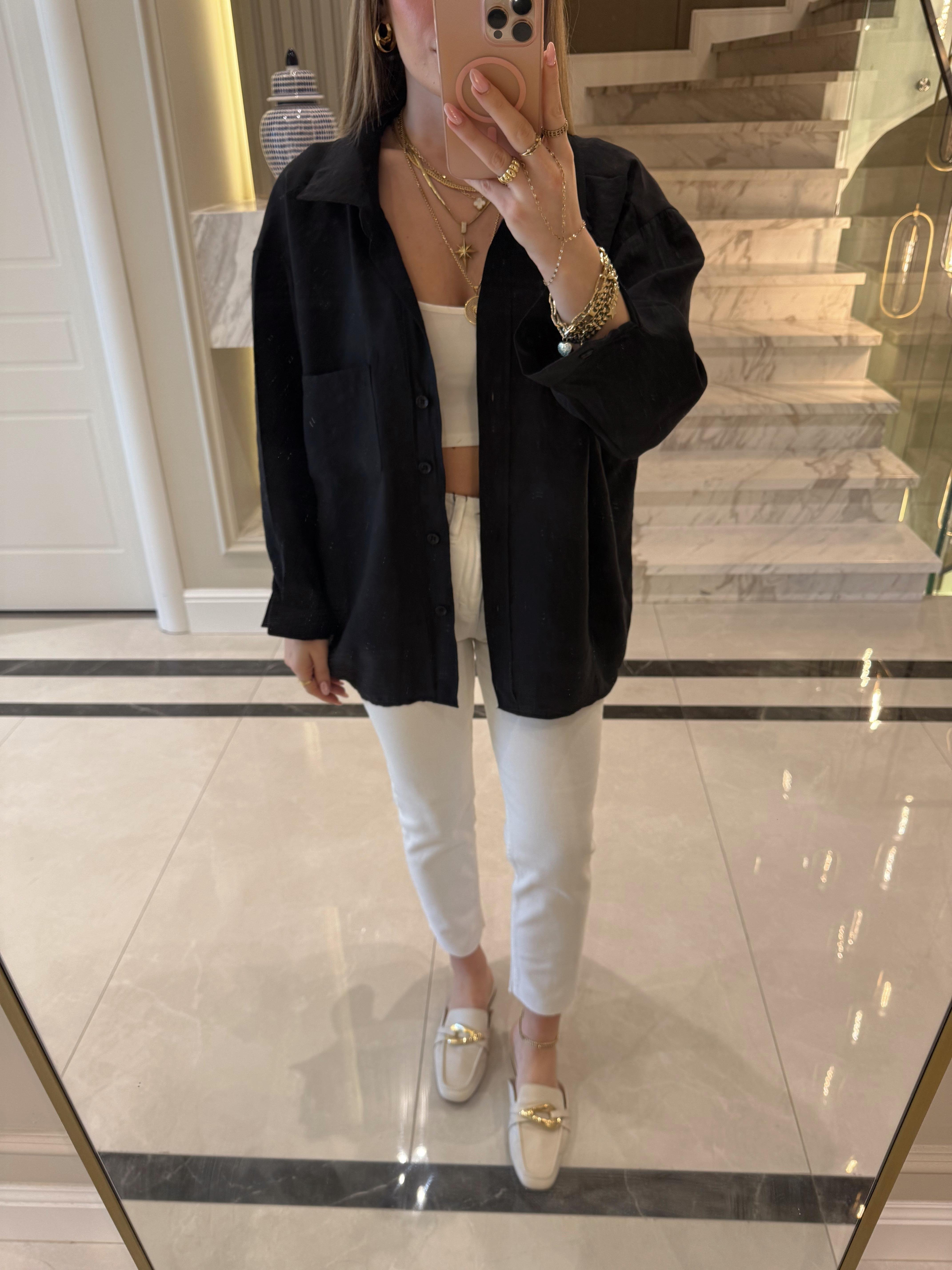 Siyah Oversize Tensel Gömlek-4612