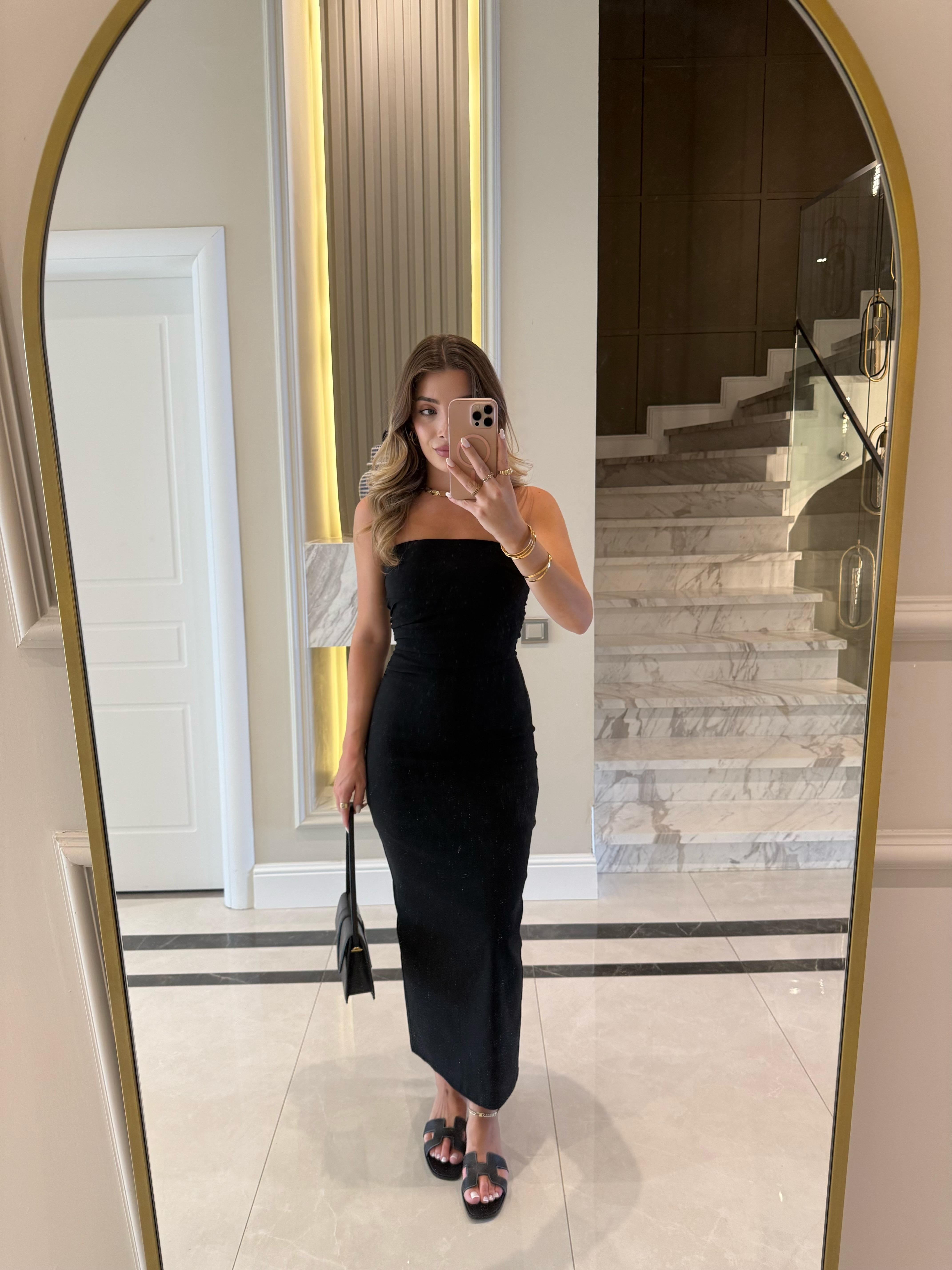 Siyah Straplez Midi Boy Elbise-91368