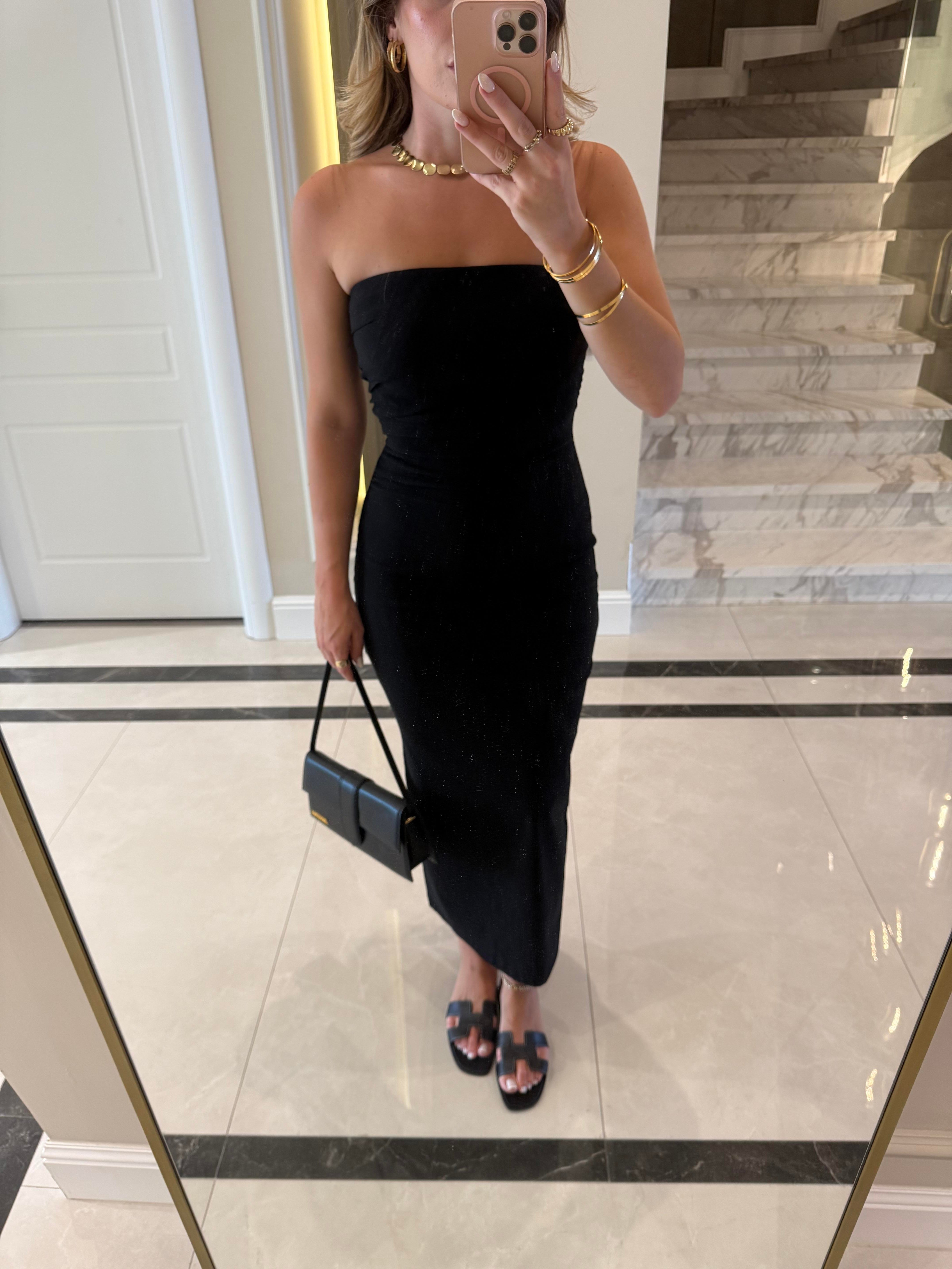 Siyah Straplez Midi Boy Elbise-91368
