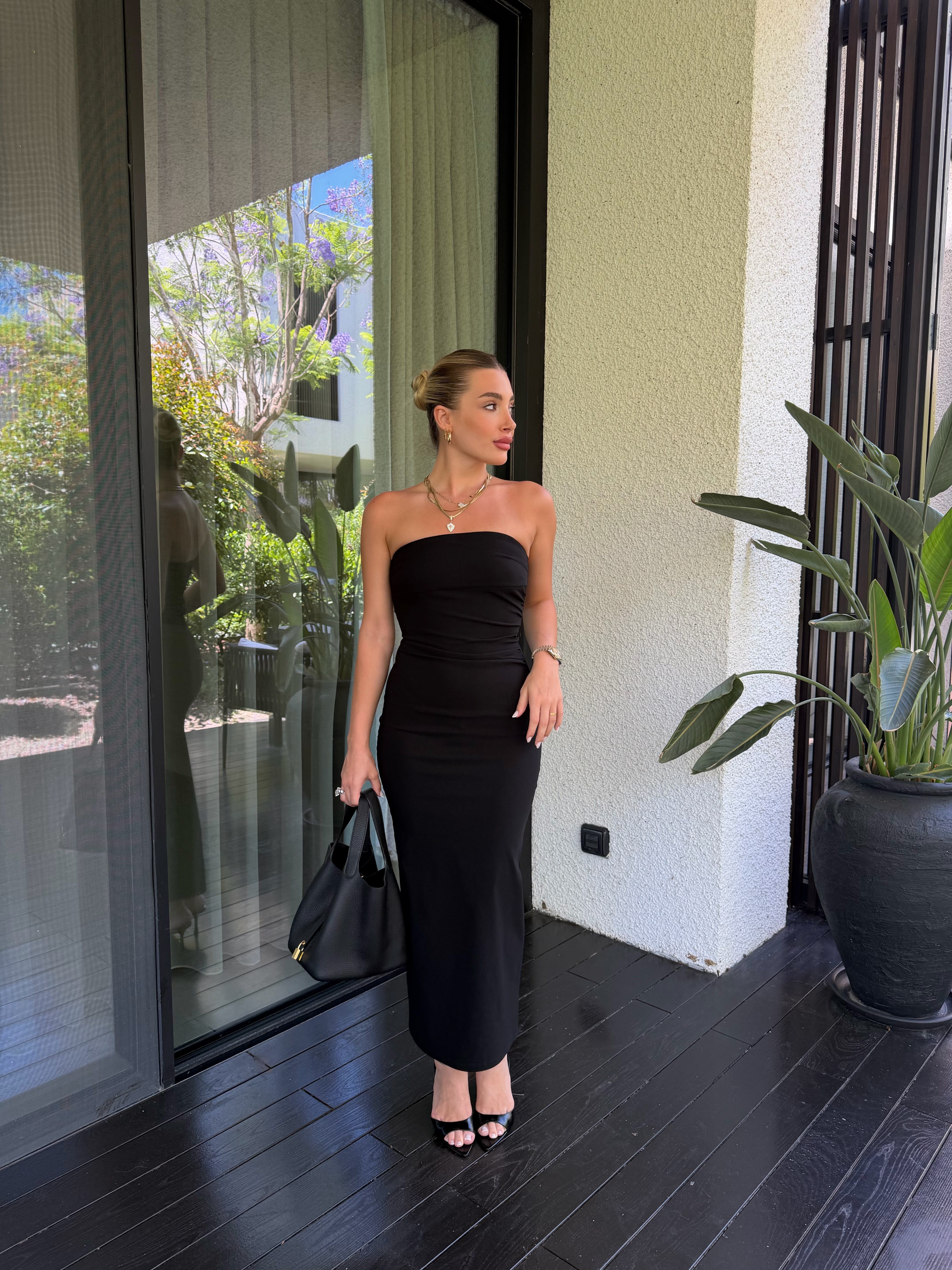Siyah Straplez Midi Elbise-91368