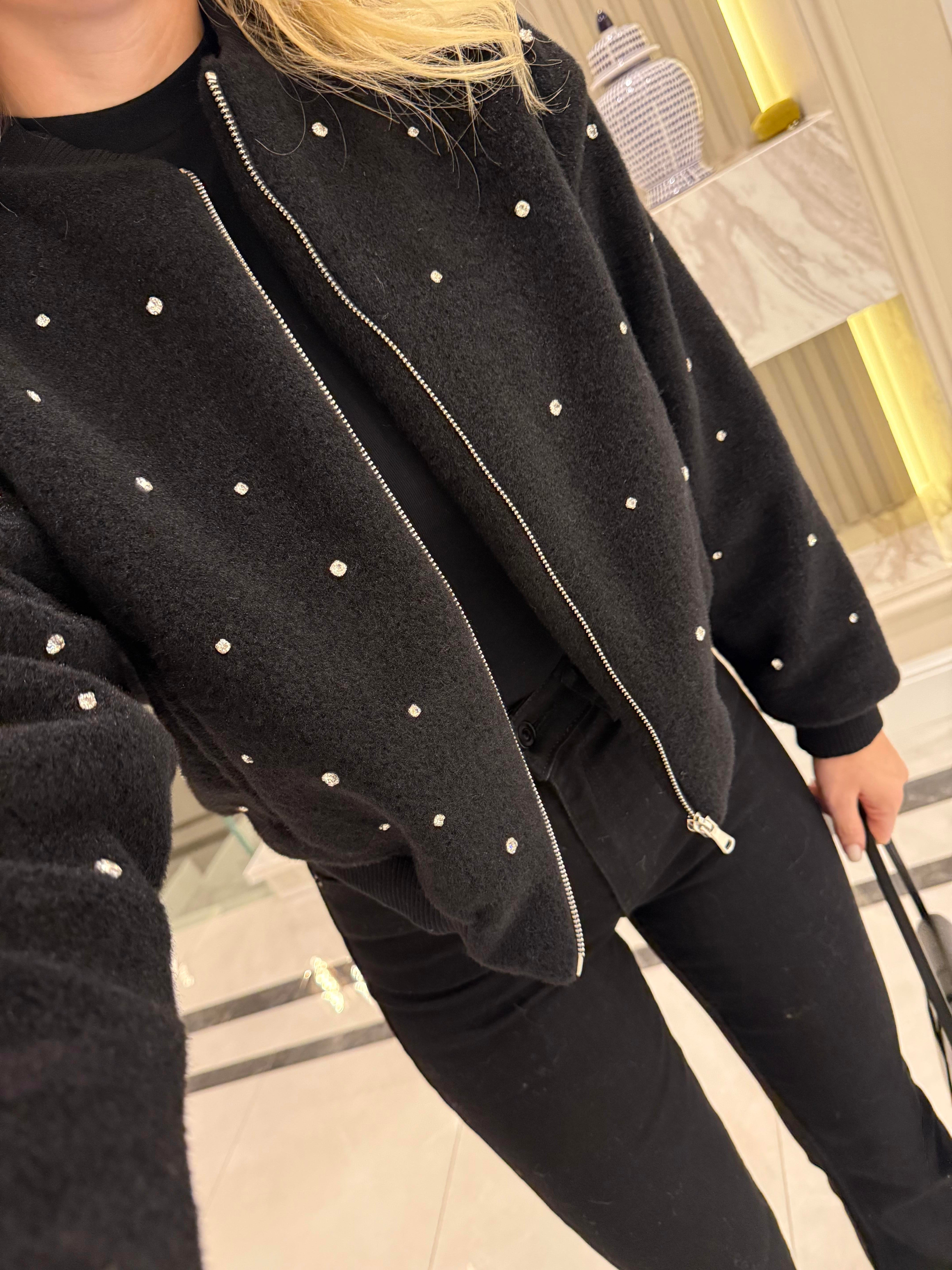 Siyah Taş İşlemeli Bomber Ceket