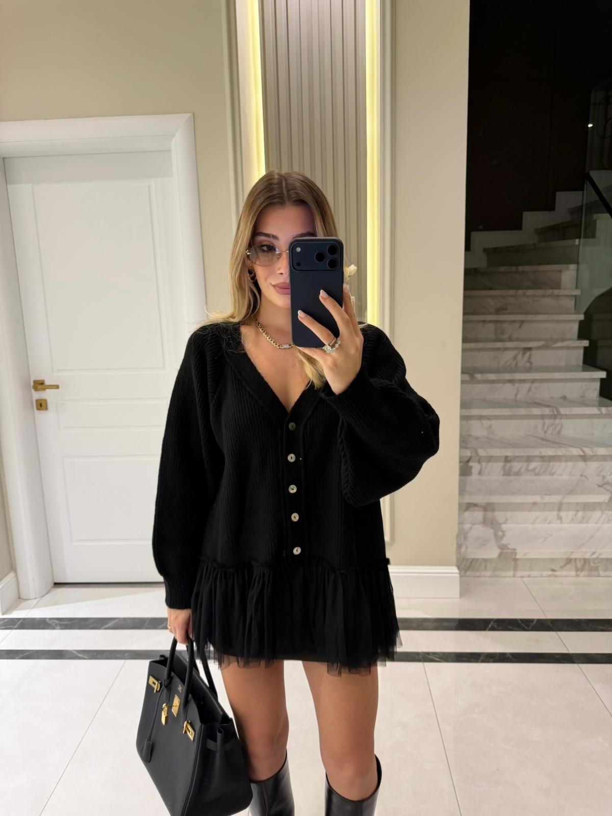 Siyah Tül Garnili Oversize Hırka - 2839 