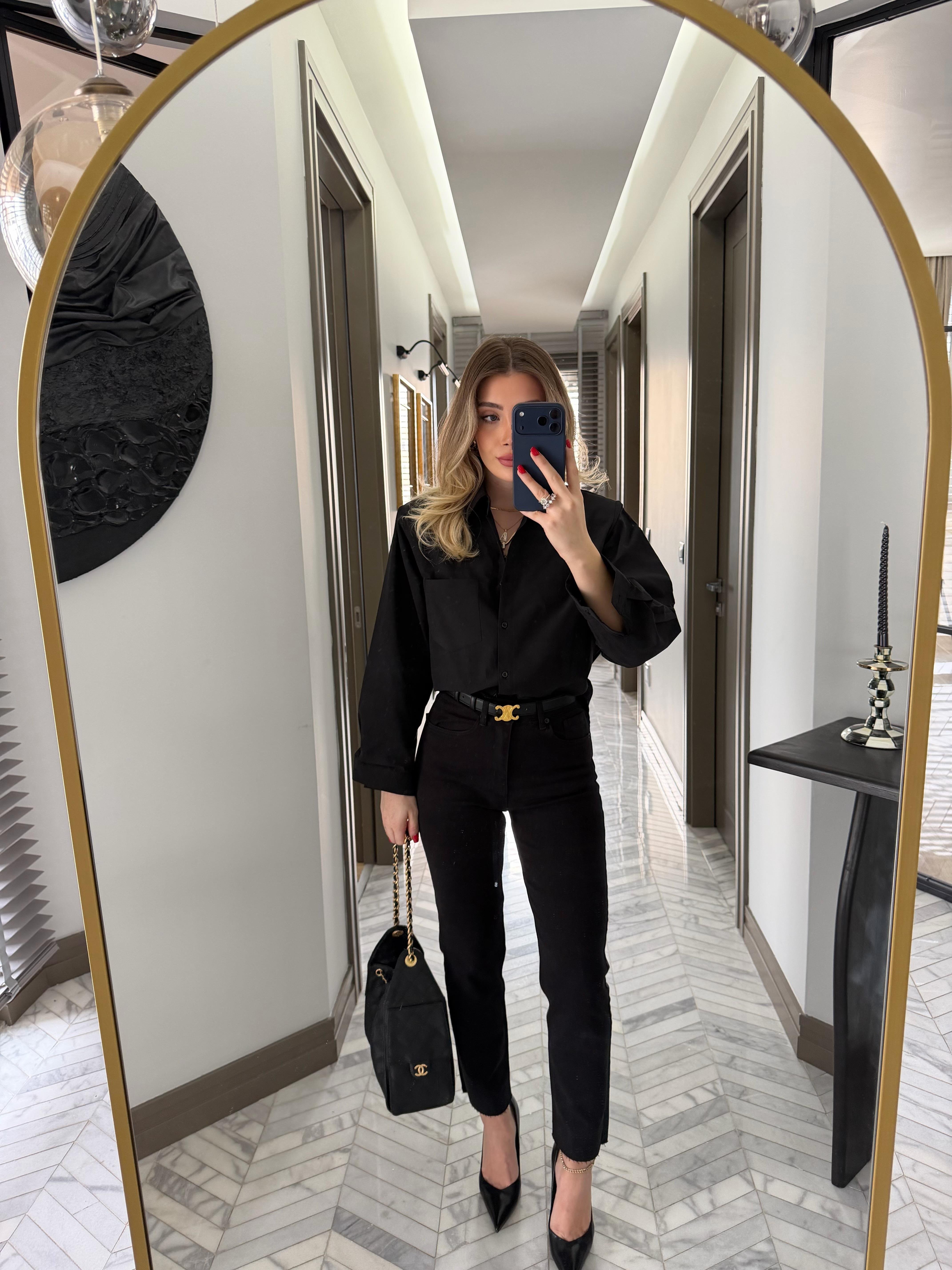 Siyah Vatkalı Poplin Gömlek-1008