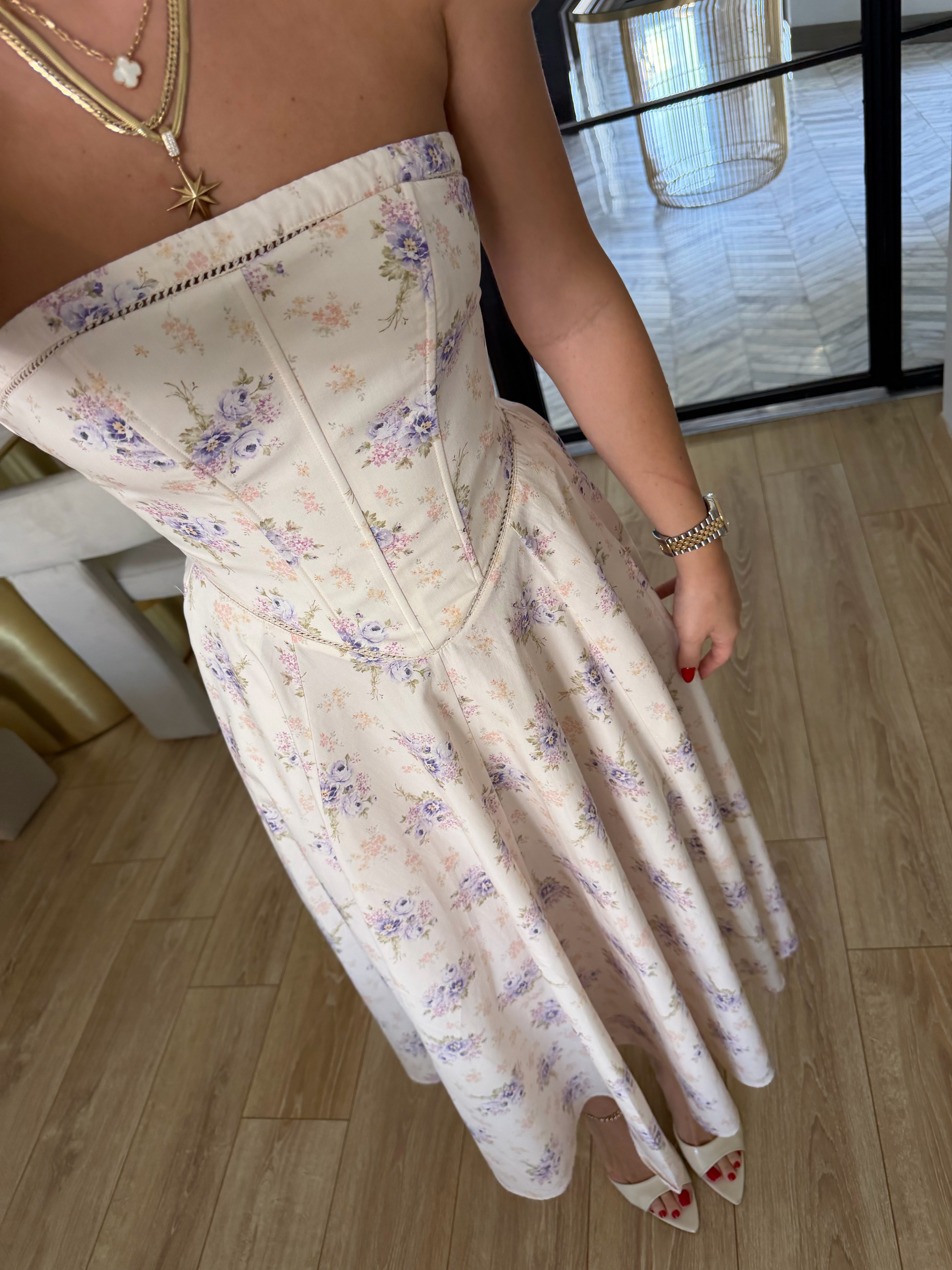 Straplez Çiçek Desenli Elbise Ekru-Lila 12470