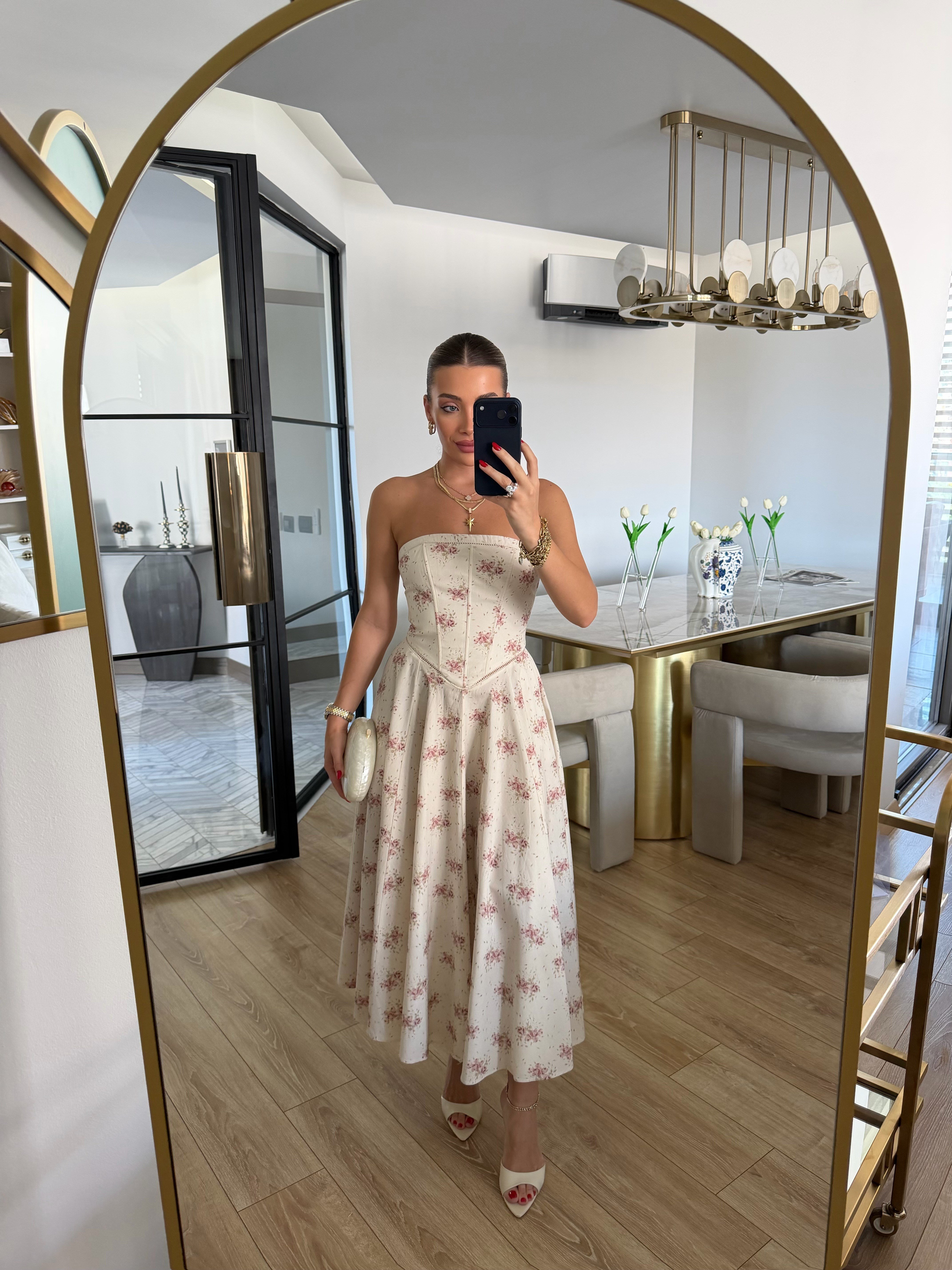 Straplez Çiçek Desenli Elbise Ekru-Rose - 12470