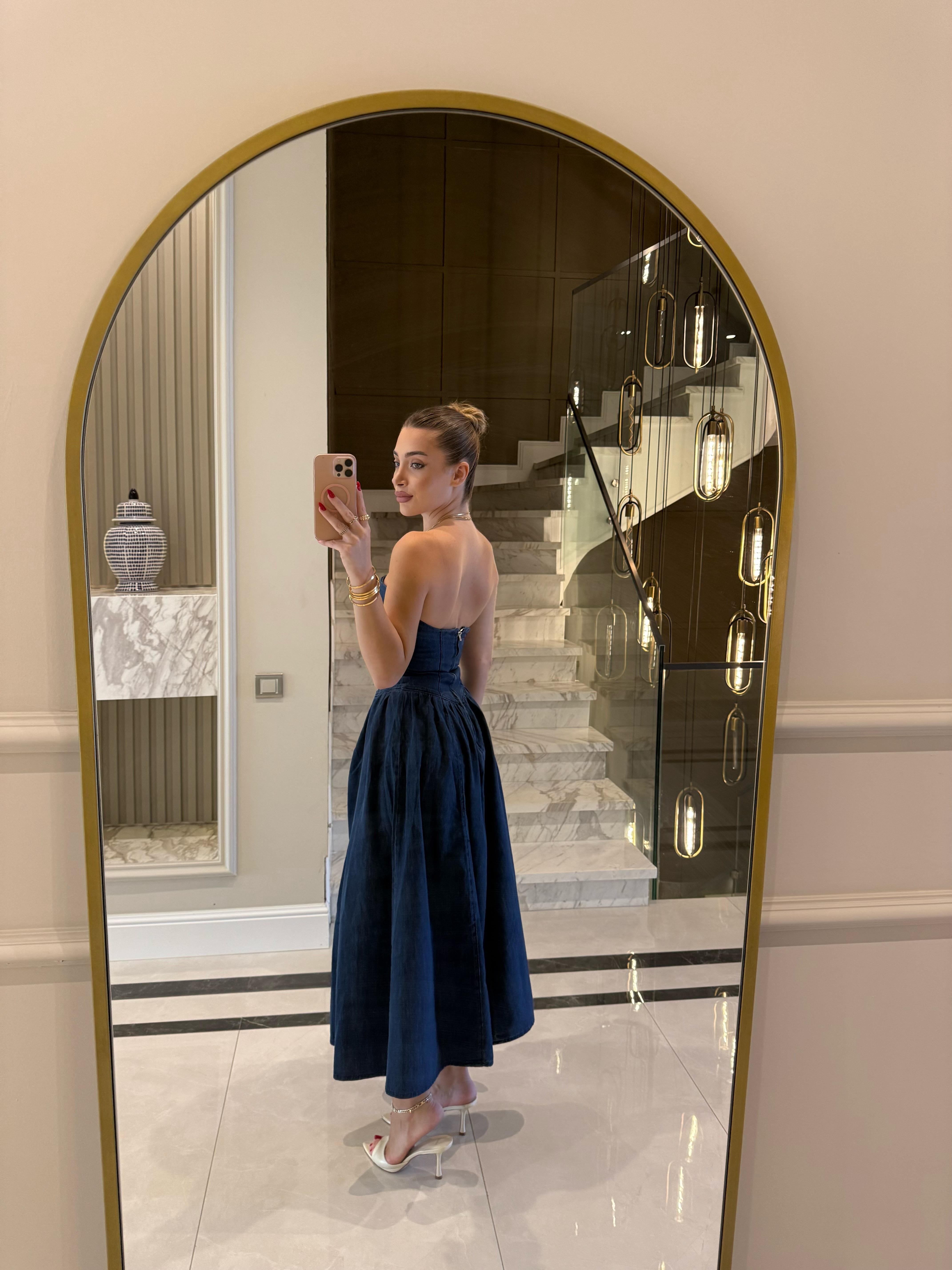 Straplez Denim Elbise 