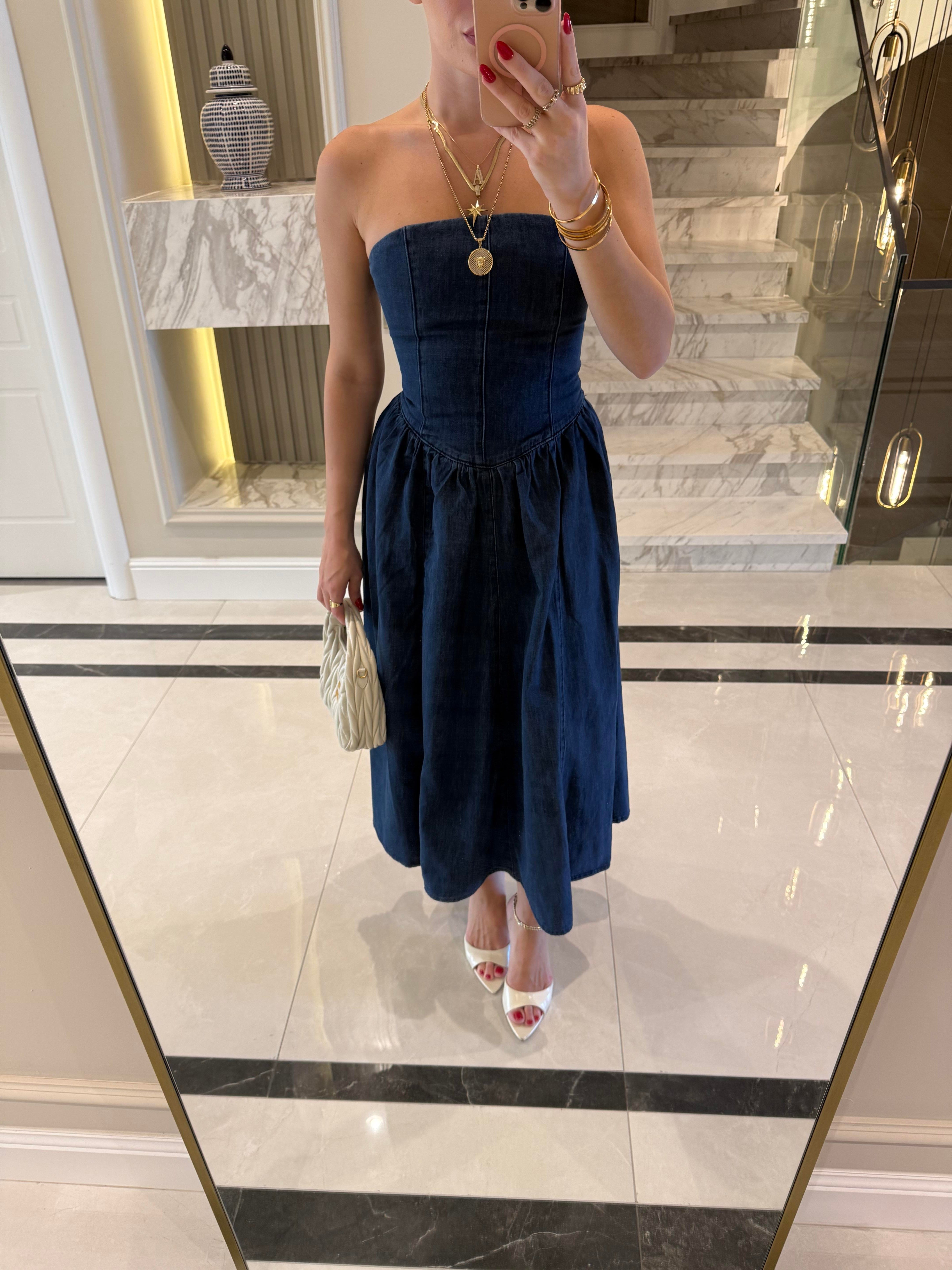 Straplez Denim Elbise 