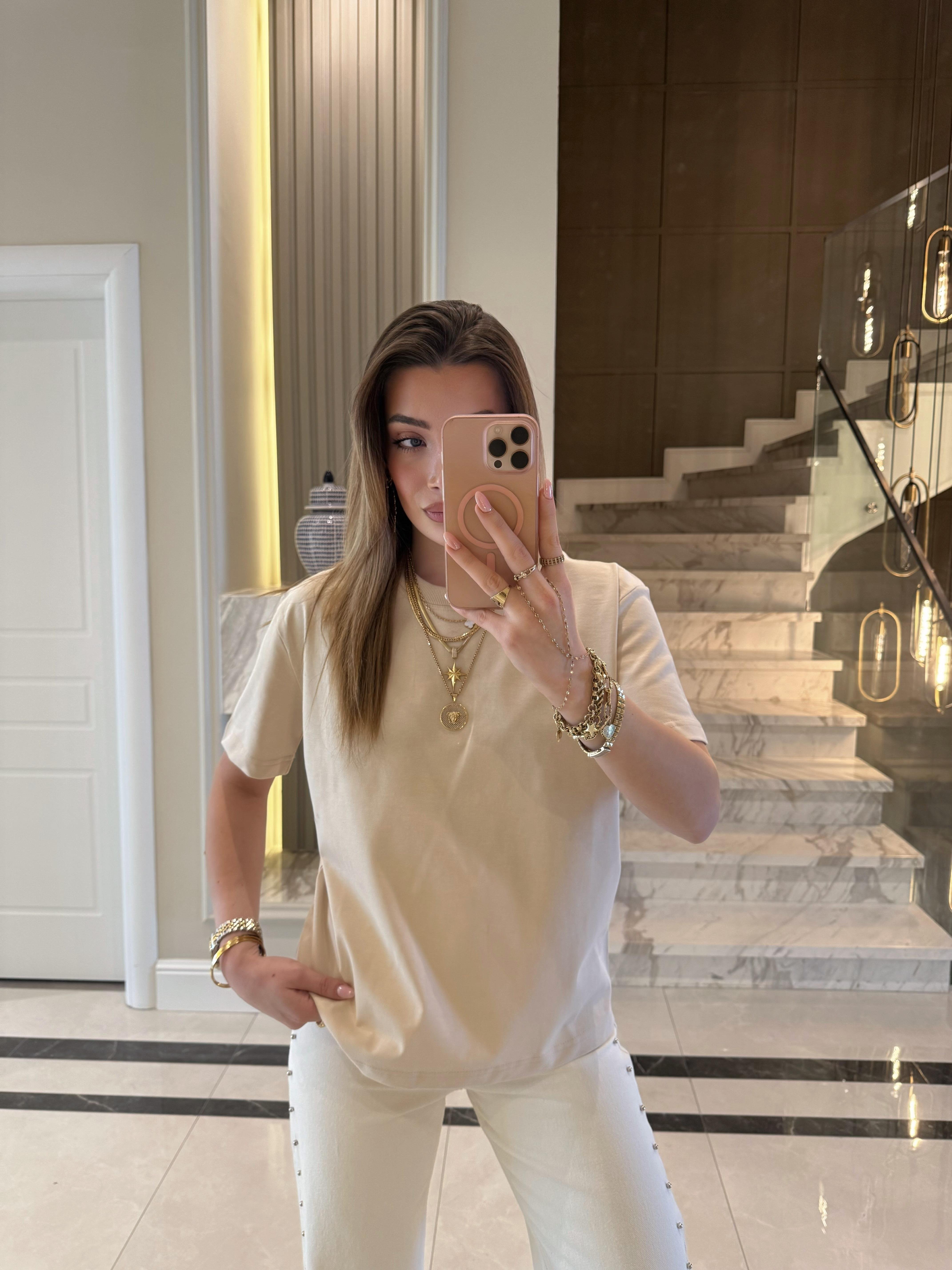 Taş Dekoratif Dikişli Bisiklet Yaka Tişört -30312
