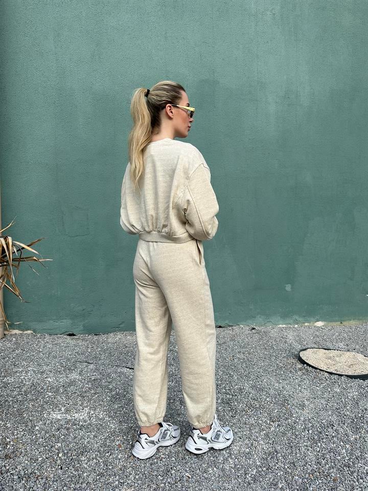 Taş Rengi Crop Üst- Jogger İkili Takım 