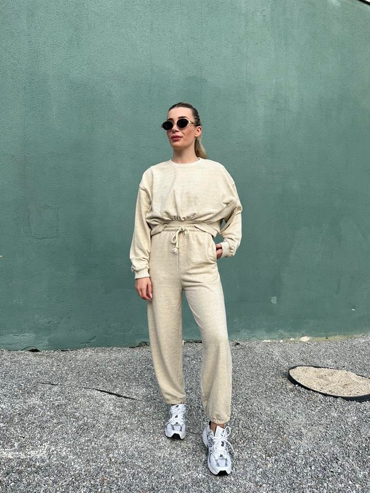Taş Rengi Crop Üst- Jogger İkili Takım 