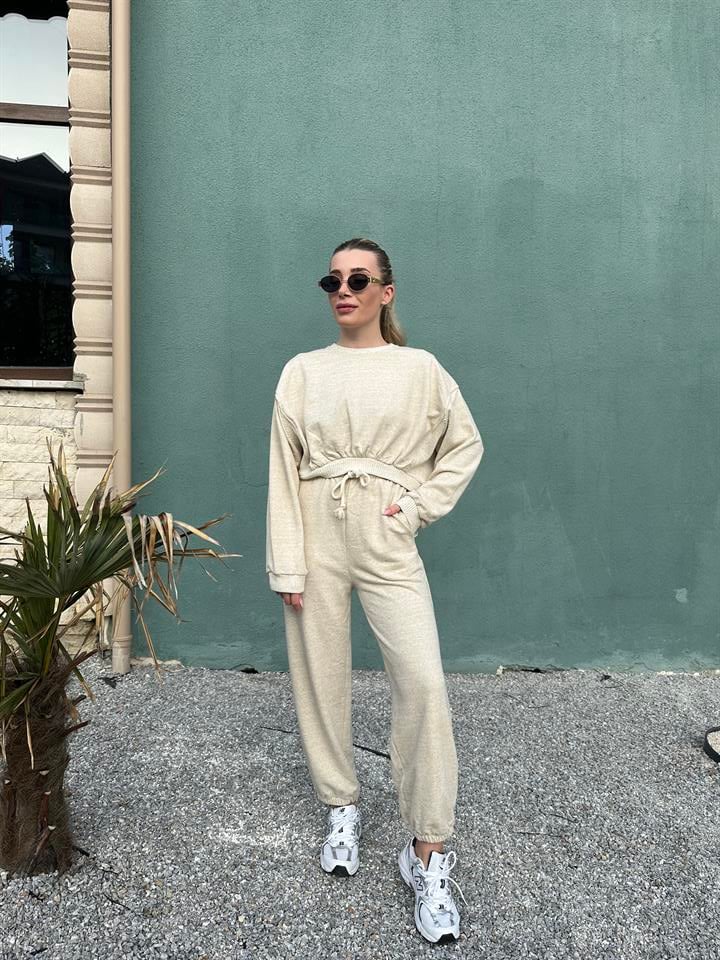 Taş Rengi Crop Üst- Jogger İkili Takım 