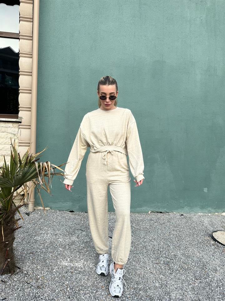 Taş Rengi Crop Üst- Jogger İkili Takım 