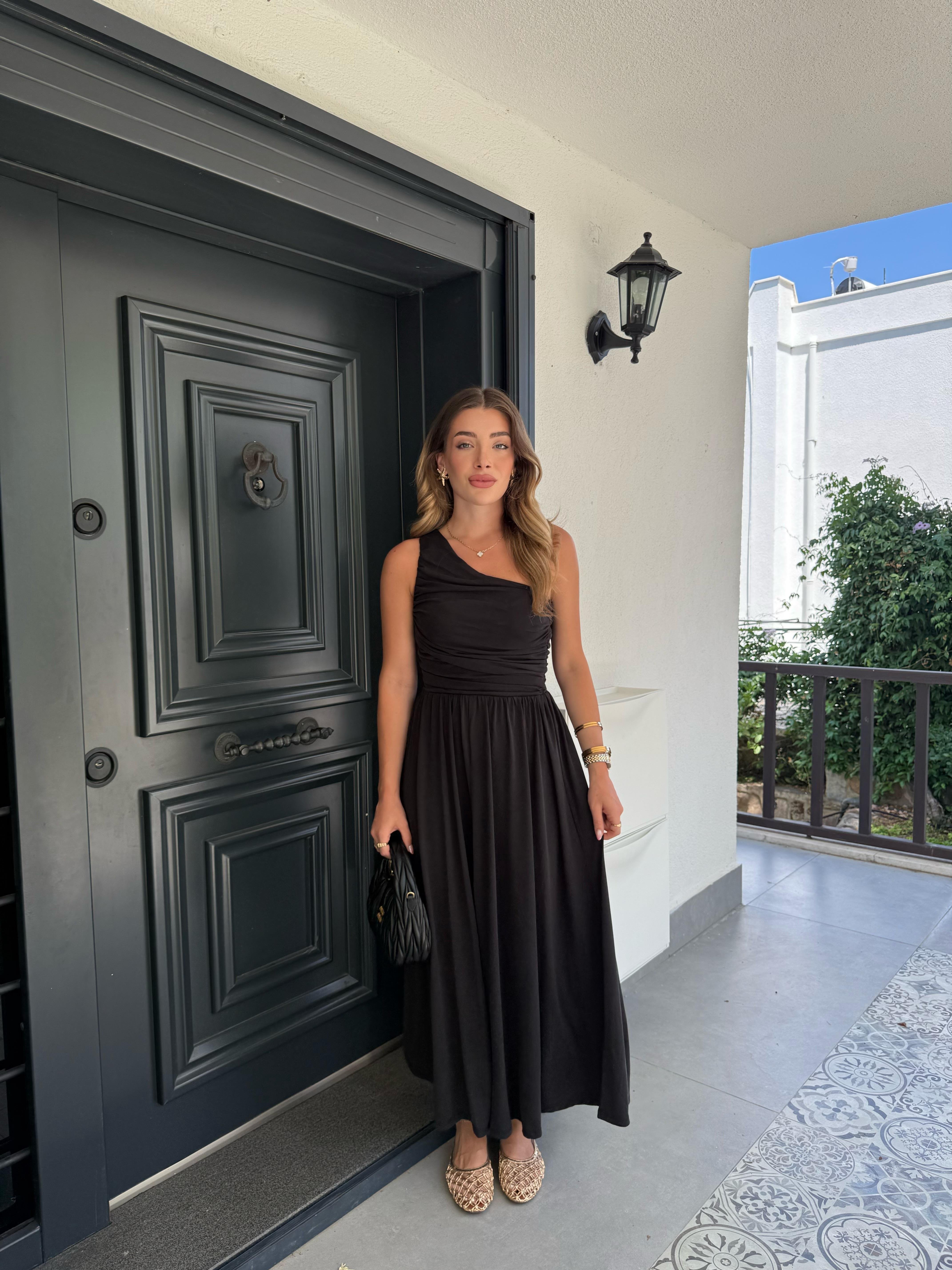 Tek Omuz Drapeli Modal Elbise - Siyah